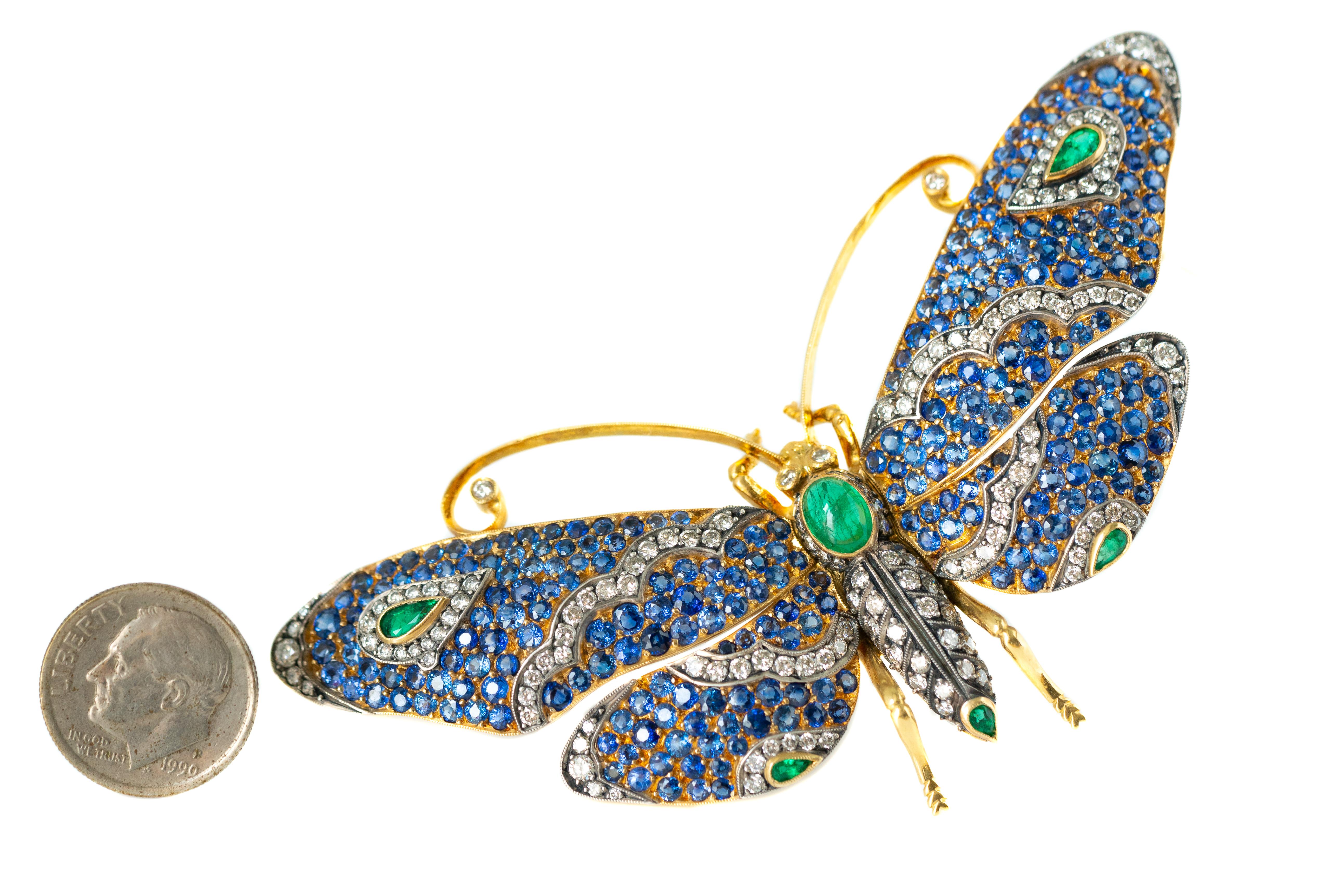 Round Cut Tiffany & Co. Sapphire, Emerald and Diamond 18 Karat Gold Butterfly Brooch