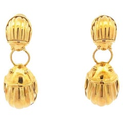 Vintage Tiffany and Co. Scarab Beetle 18k Gold Dangle Drop Earrings, circa 1993
