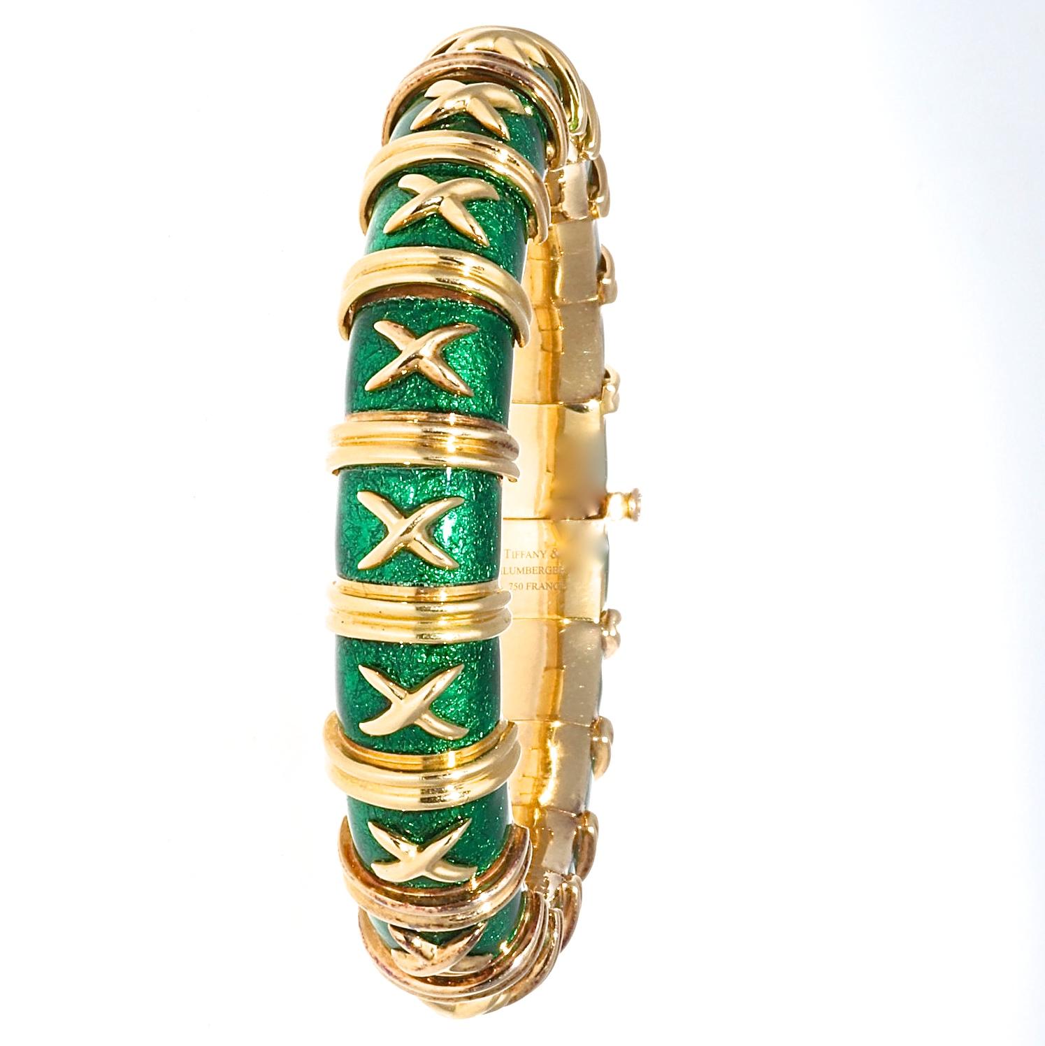 Contemporary Tiffany & Co. Schlumberger Croisillon Green Enamel 18 Karat Bracelet