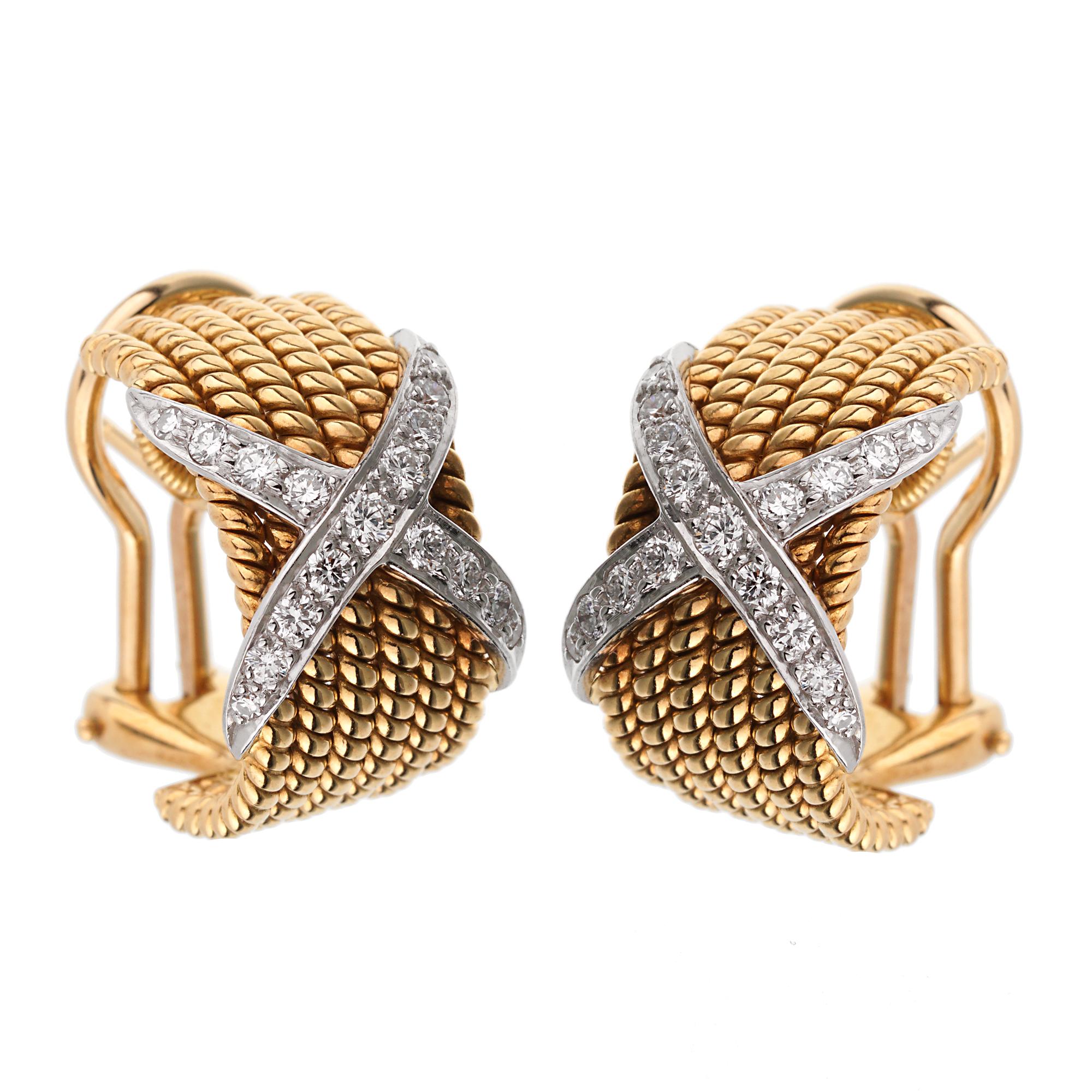 Sechsreihige Diamant-Ohrringe aus Gold von Schlumberger Rope & Co (Rundschliff)