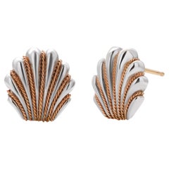 Tiffany & Co. Silver 14 Karat Yellow Gold Ribbed Seashell Half an Inch Earrings