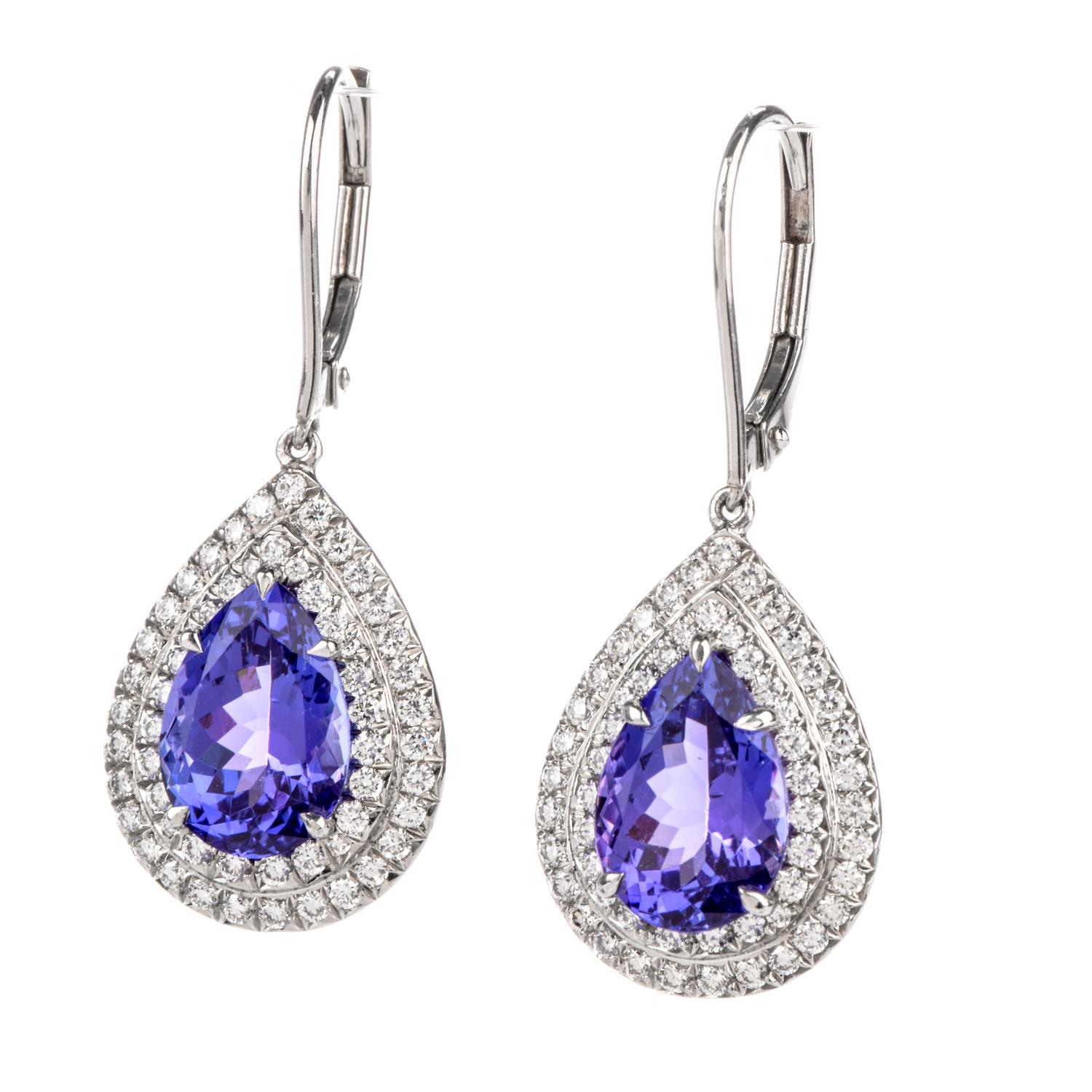 These Tiffany Diamond and Tanzanite  Earrings from Soleste collection  were inspired with a drop style dangle design and 

crafted in Platinum.

The Stunning pear shaped Tanzanite are surrounded by a double

halo in white diamonds.

Diamonds weigh