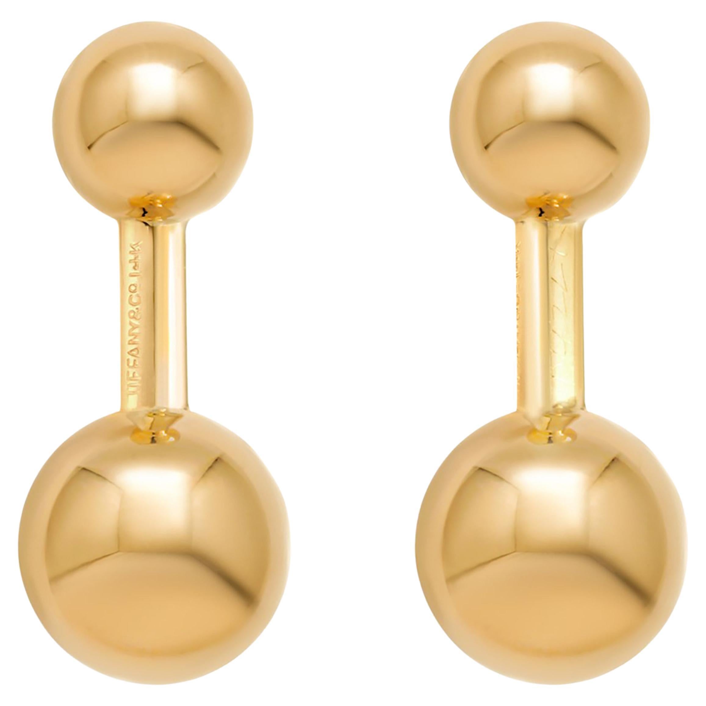 Tiffany and Co Vintage Solid Yellow Gold Ball Cufflinks 1.10 Inch Long For Sale