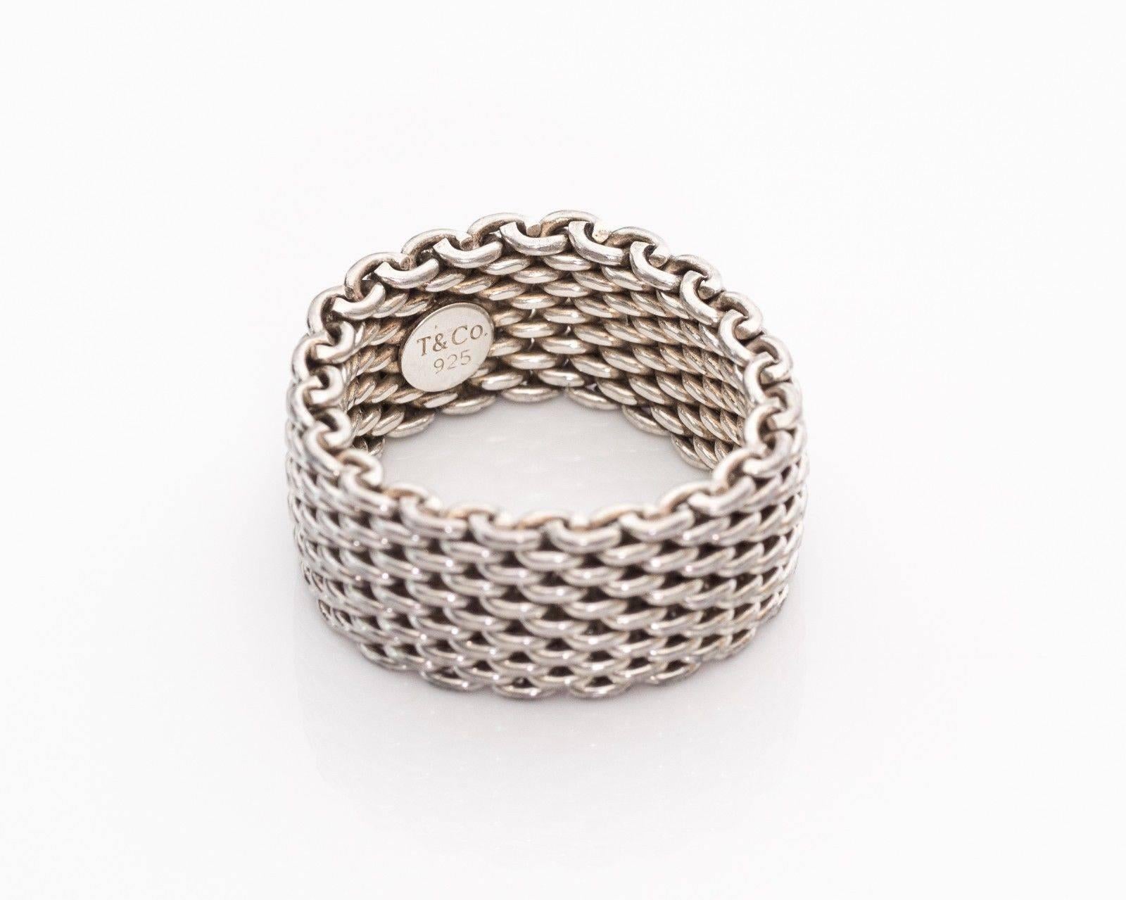 The Somerset collection at Tiffany and Co. is a style for everyday wear. The mesh chain link ring is 10 mm thick and made of sterling silver. The mesh design is flexible, ensuring it's easy to put on and comfortable to wear. 

This ring is