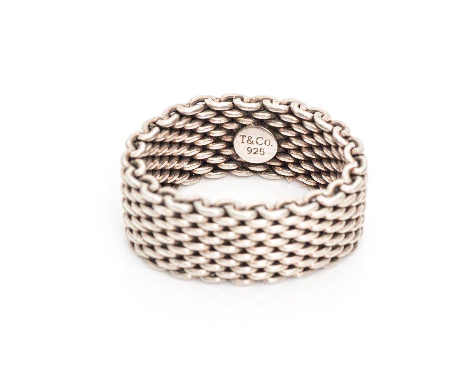 The Somerset collection at Tiffany and Co. is a style for everyday wear. The mesh chain link ring is 10 mm thick and made of sterling silver. The mesh design is flexible, ensuring it's easy to put on and comfortable to wear. 
This ring is hallmarked