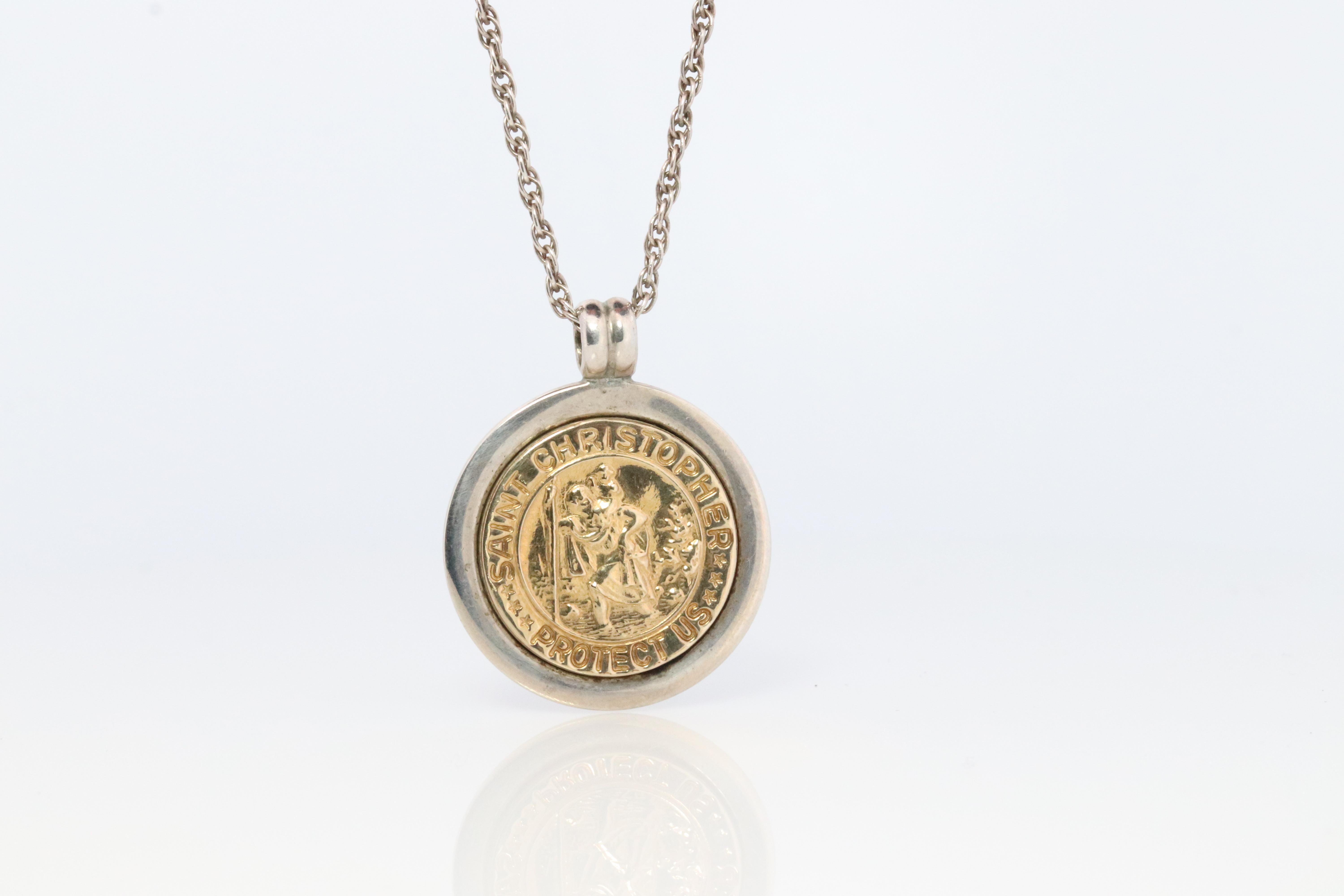 Women's or Men's Tiffany and Co St.Christopher Pendant. 18k Sterling Silver Medallion