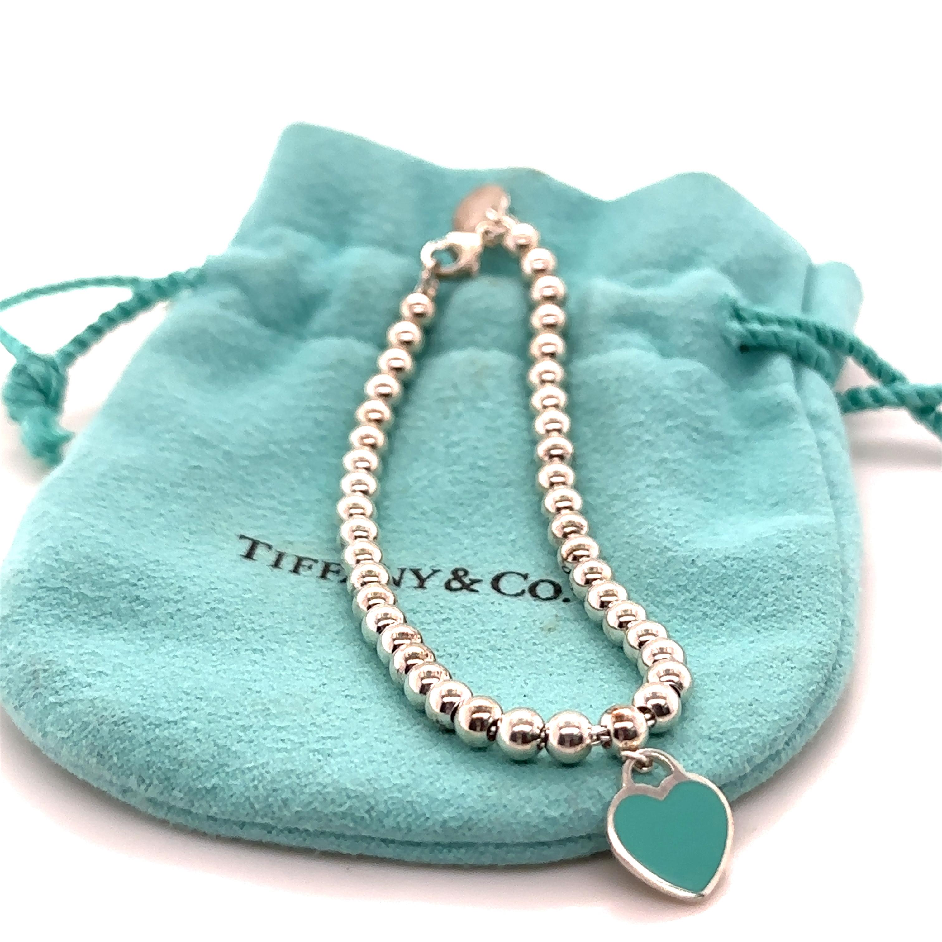 Tiffany and Co Sterling Silver Blue Heart Tag Bead Bracelet In Excellent Condition In SYDNEY, NSW