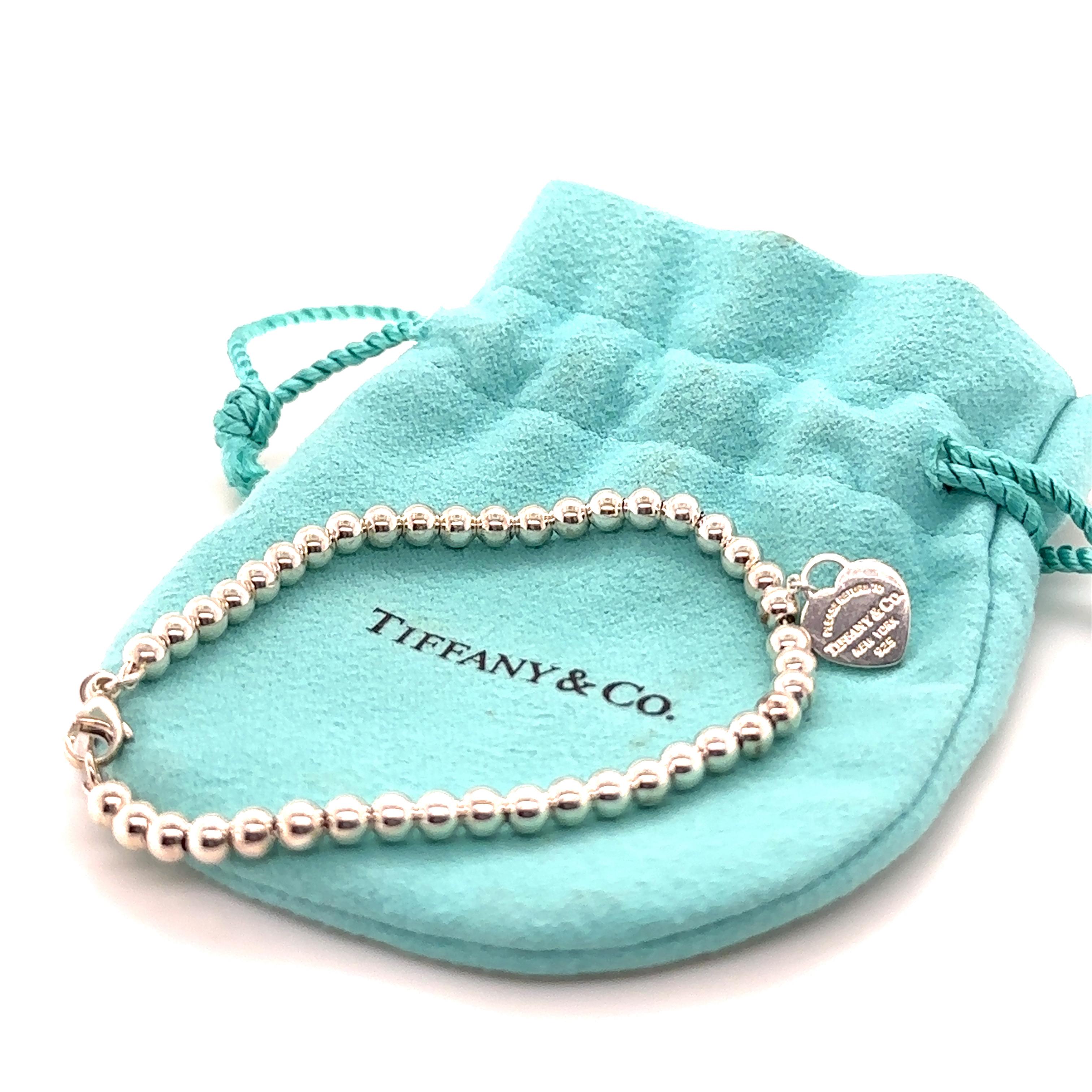 Women's Tiffany and Co Sterling Silver Blue Heart Tag Bead Bracelet