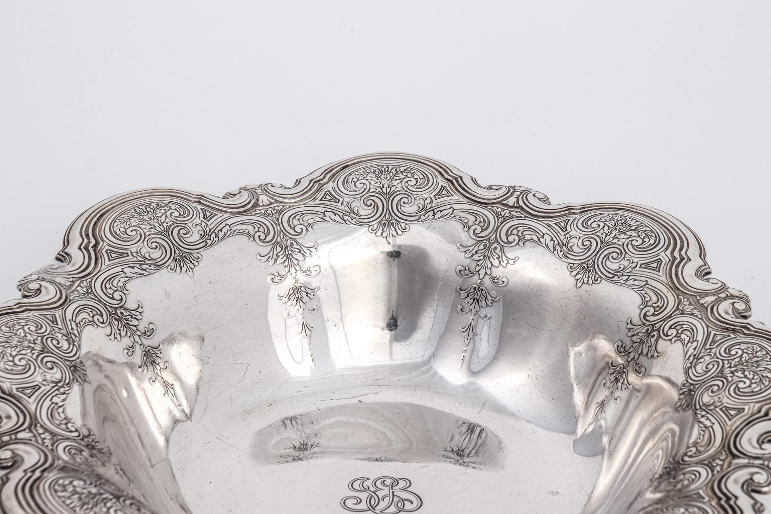 Tiffany and Co. makers bowl. Heavy 675 Grams. Deep engravings. Florals. Medallions, circa 1915.