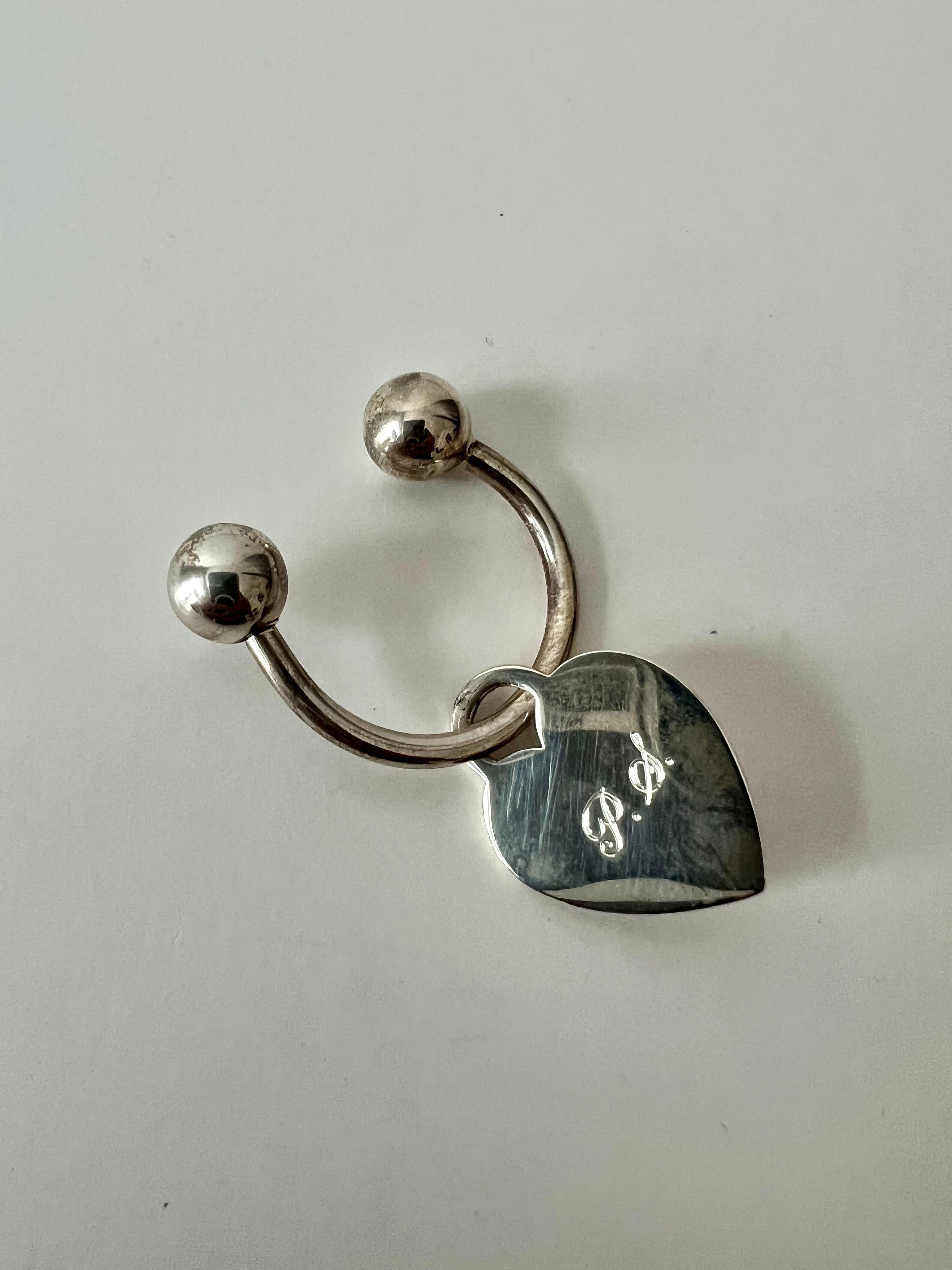 Patinated Tiffany and Co Sterling Silver Key Chain with Heart  Return Address and Blue Bag For Sale