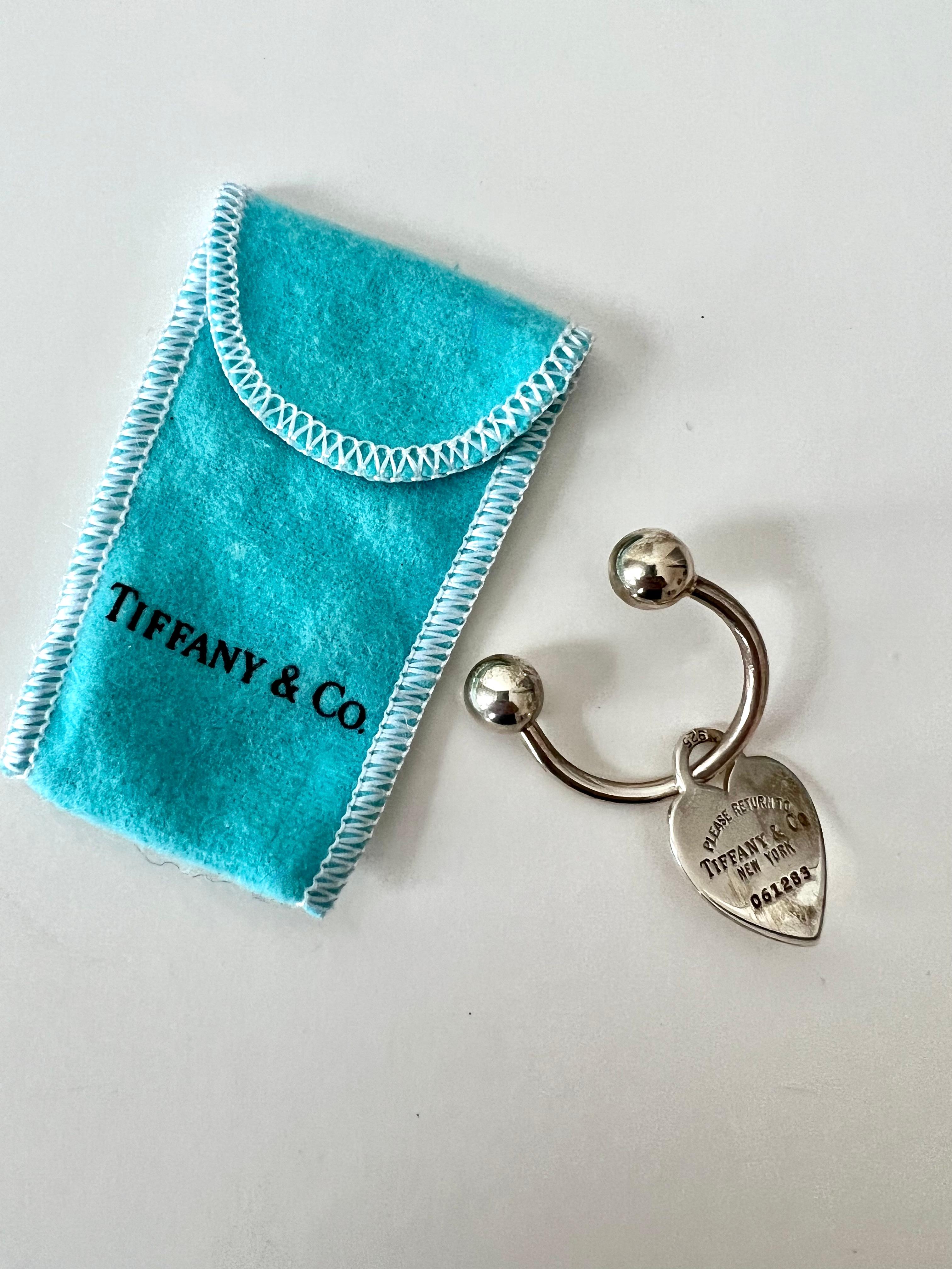 20th Century Tiffany and Co Sterling Silver Key Chain with Heart  Return Address and Blue Bag For Sale