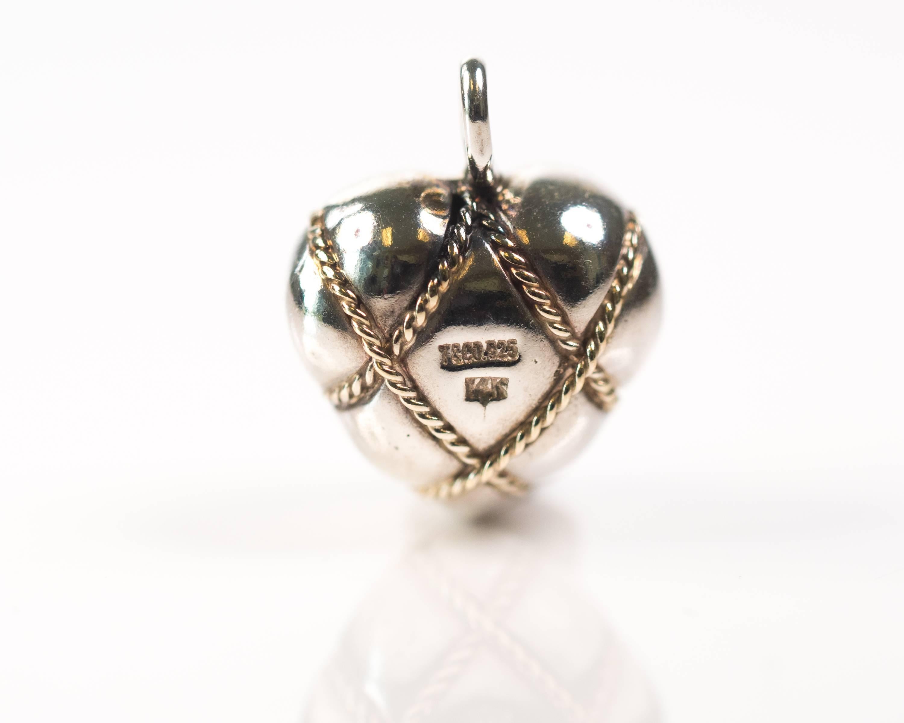 Tiffany & Co. Sterling Silver, 14 Karat Yellow Gold Puffed Heart Pendant Charm 1