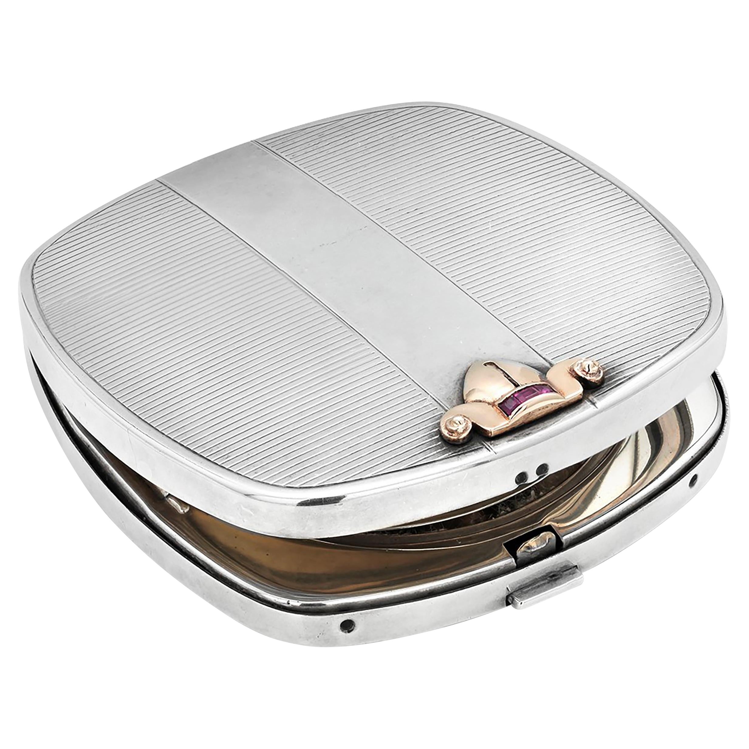 Tiffany and Co Sterling Yellow Gold and Square Rubies Makeup Compact