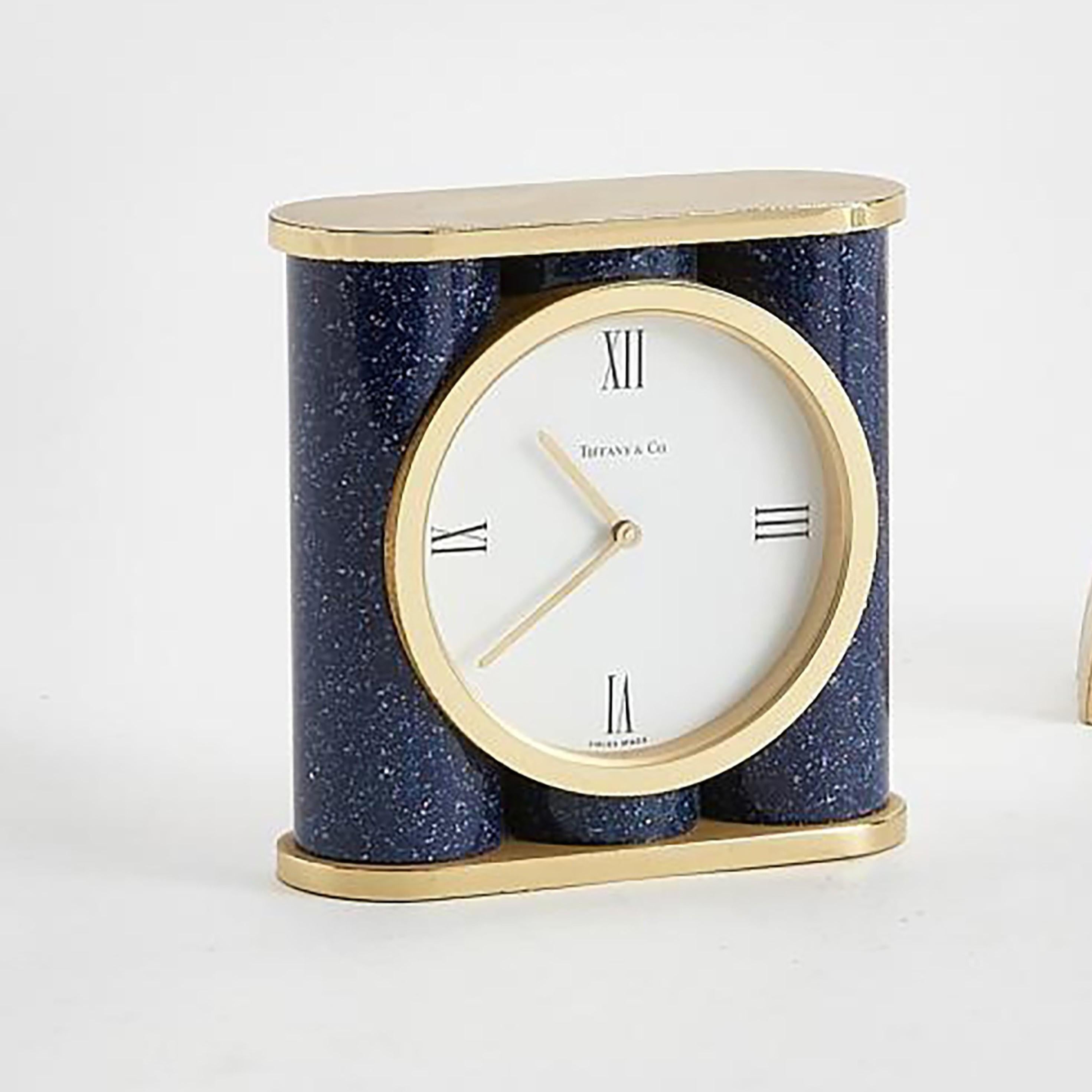 Tiffany and Co Swiss Brass Desk Timepiece with Lapis Enameled Exterior In Good Condition In New York, NY