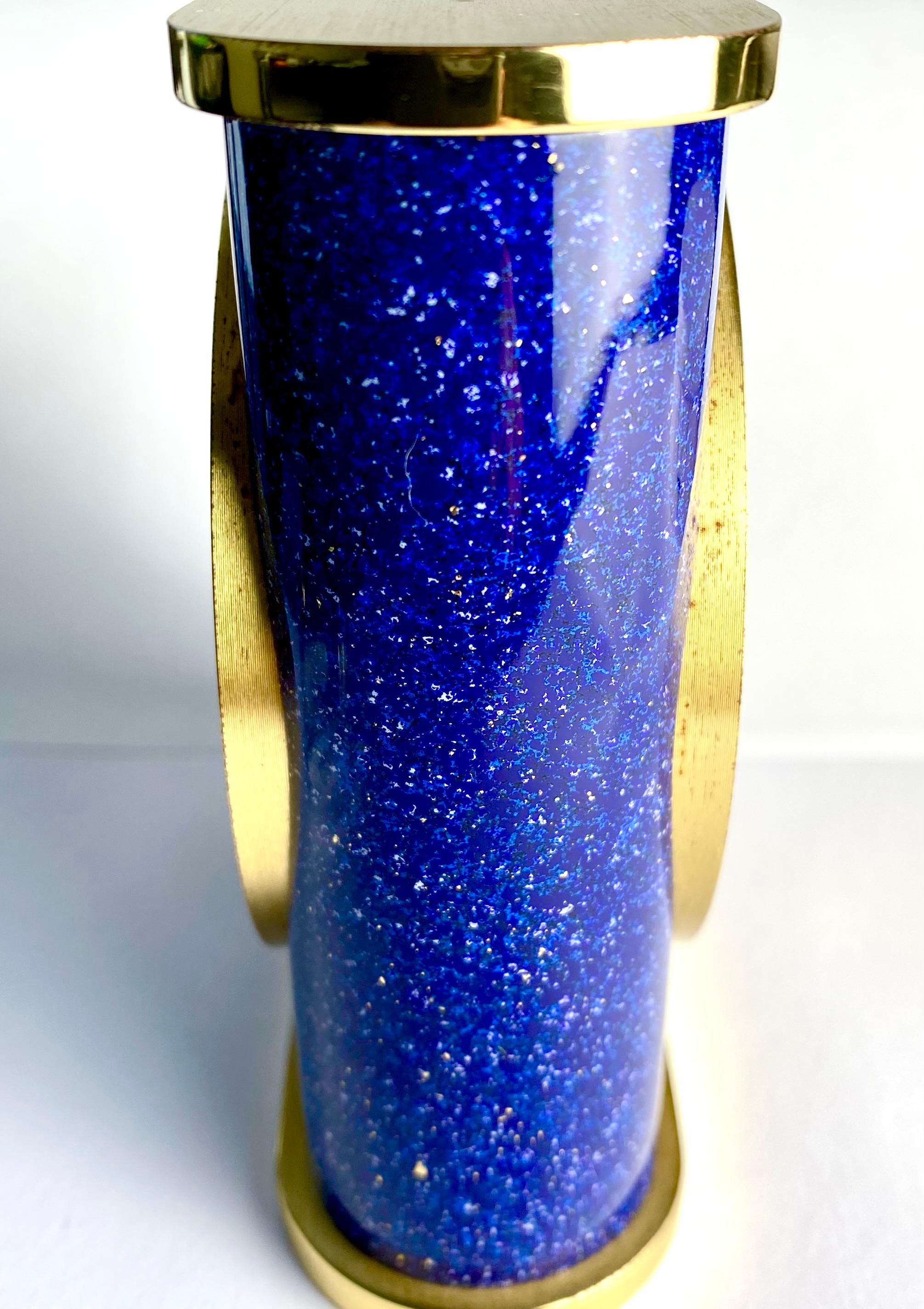 Women's or Men's Tiffany and Co Swiss Brass Desk Timepiece with Lapis Enameled Exterior
