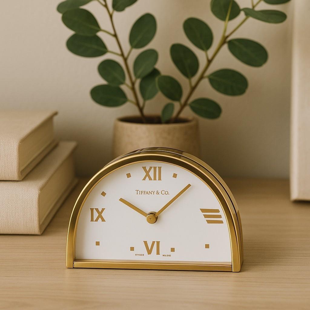 Women's or Men's Tiffany and Co. Swiss Brass Golden Half-Moon Modern Desk Timepiece For Sale