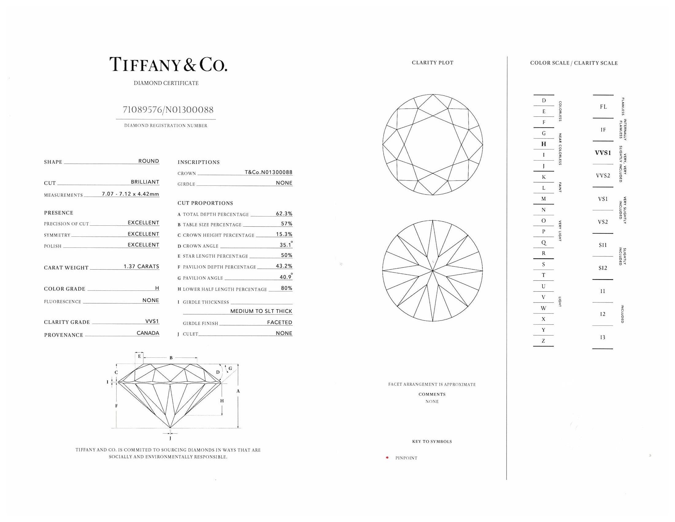 Women's Tiffany and Co. True Platinum Round Diamond  1.37ct. HVVS1 Engagement Ring