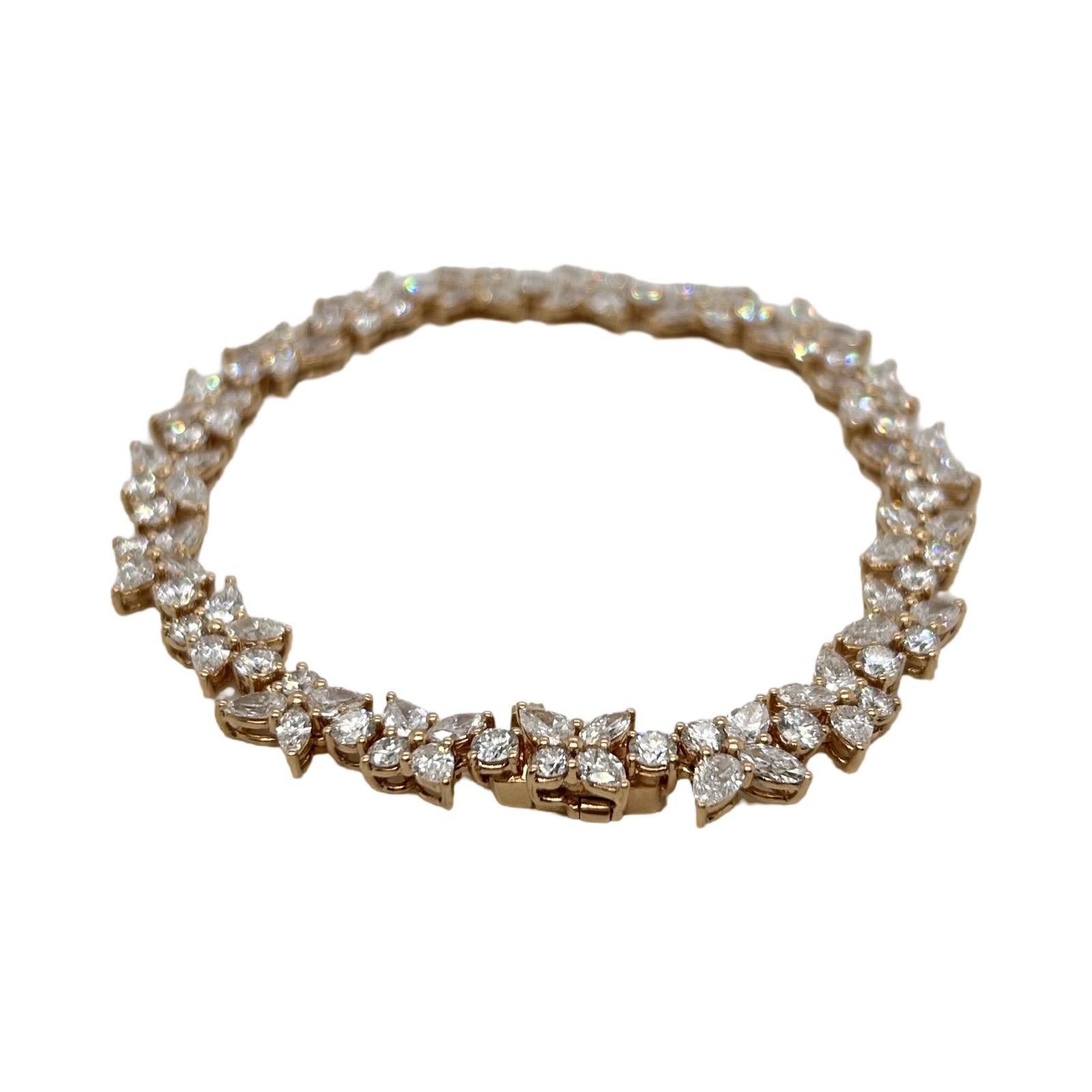 Brand: Tiffany & Co.
- Model Name: Victoria Cluster Bracelet
- Metal: Rosegold
- Metal Purity: AU 750
- Stones: Round Brilliant Cut Diamond 2.31 tcw 
	Marquise Cut Diamonds .99 tcw
	Pear shaped Diamonds 2.95 tcw
- Bracelet Length: 7 inches
- Total