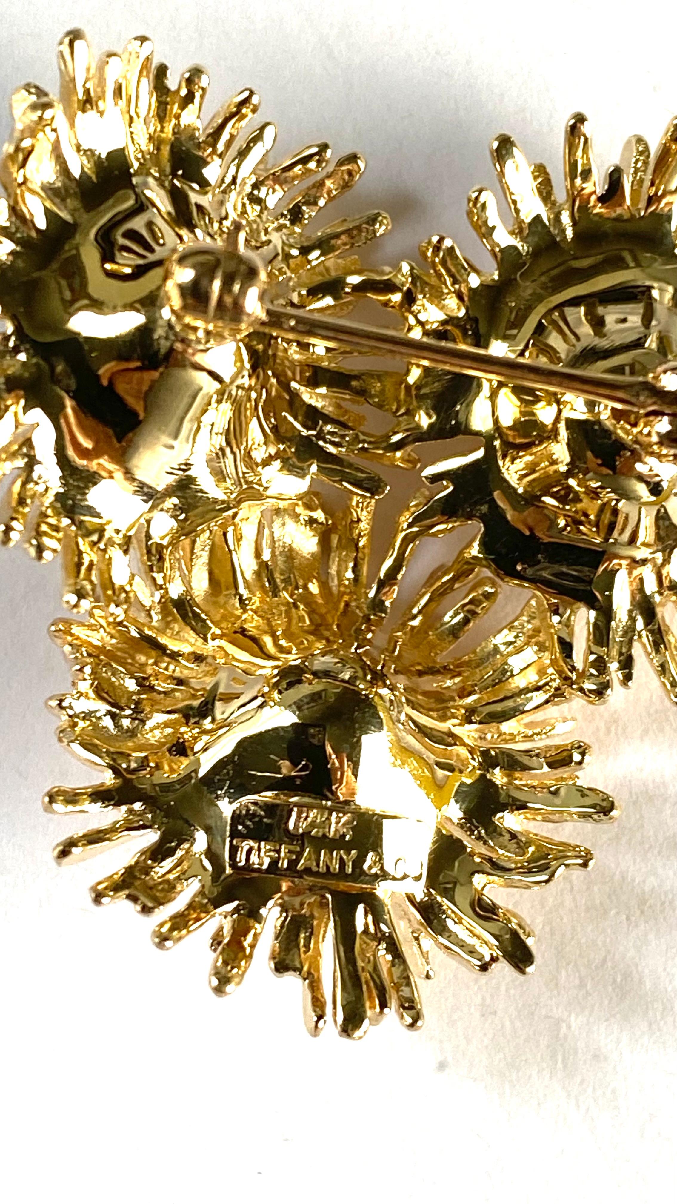 Tiffany and Co Vintage 14 Karat Yellow Gold Ruby Floral Brooch 1.45 Inch Long For Sale 2