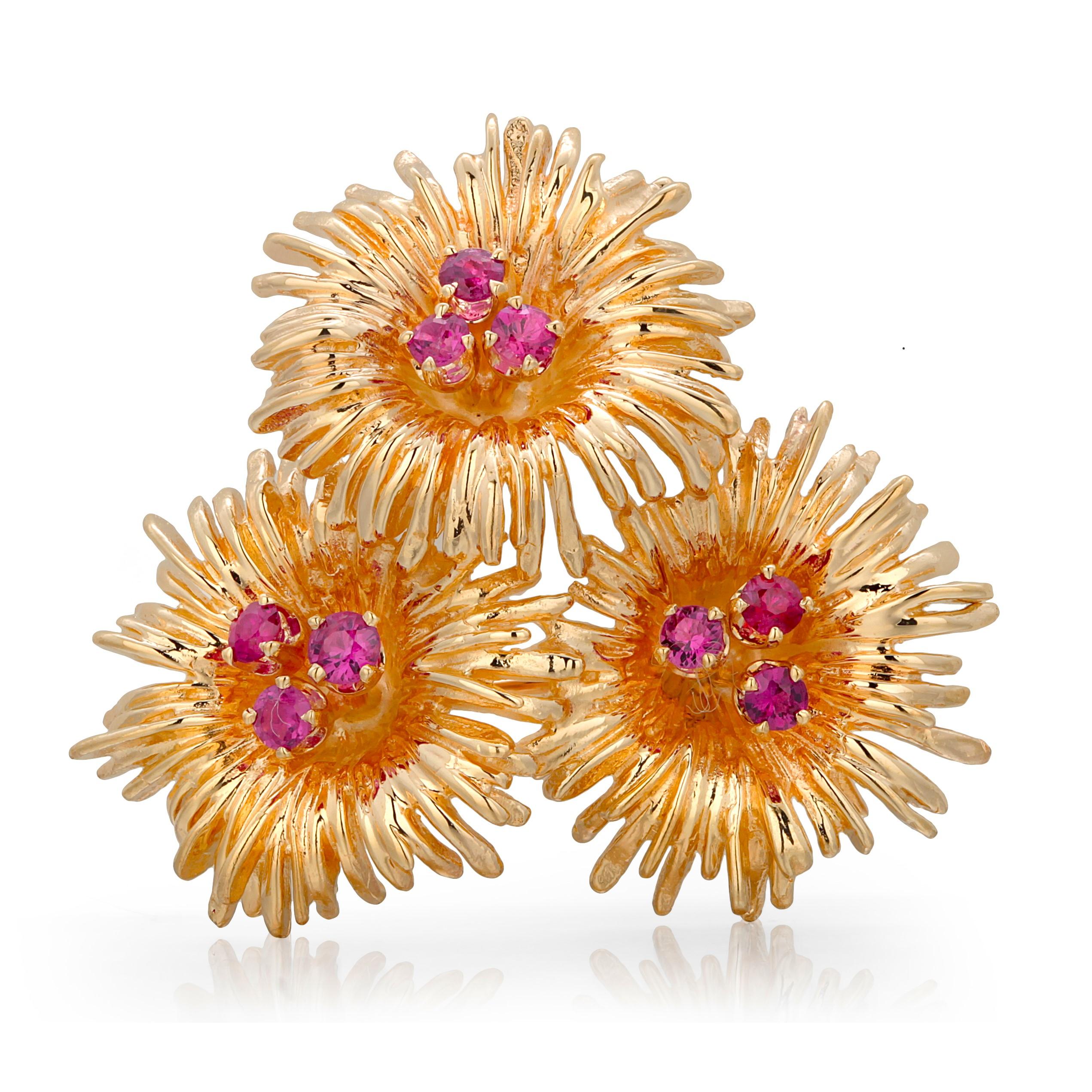 Tiffany and Co Vintage 14 Karat Yellow Gold Ruby Floral Brooch 1.45 Inch Long For Sale 3