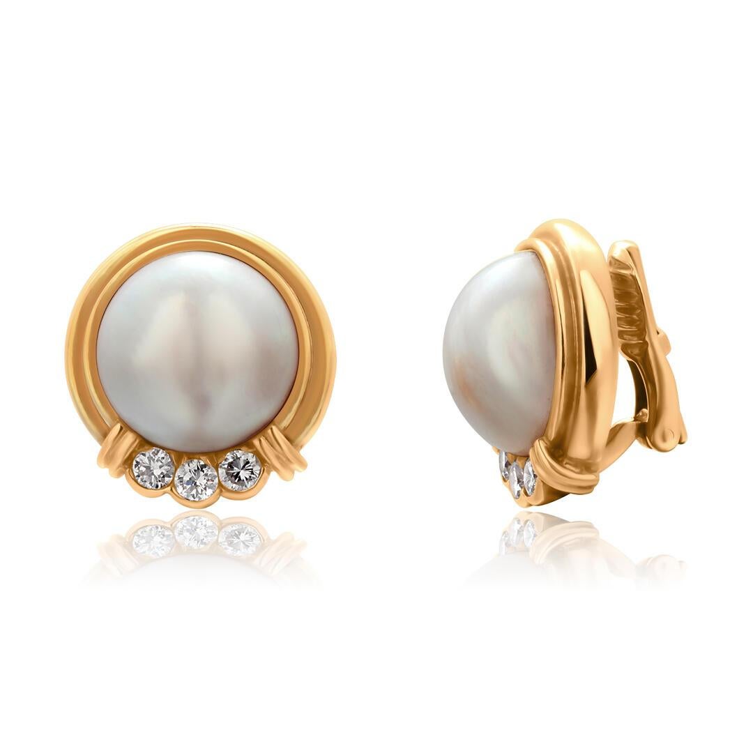 Tiffany and Co. Vintage 18K Gold Pearl Ear Clips Diamond Accents 20th Century 4