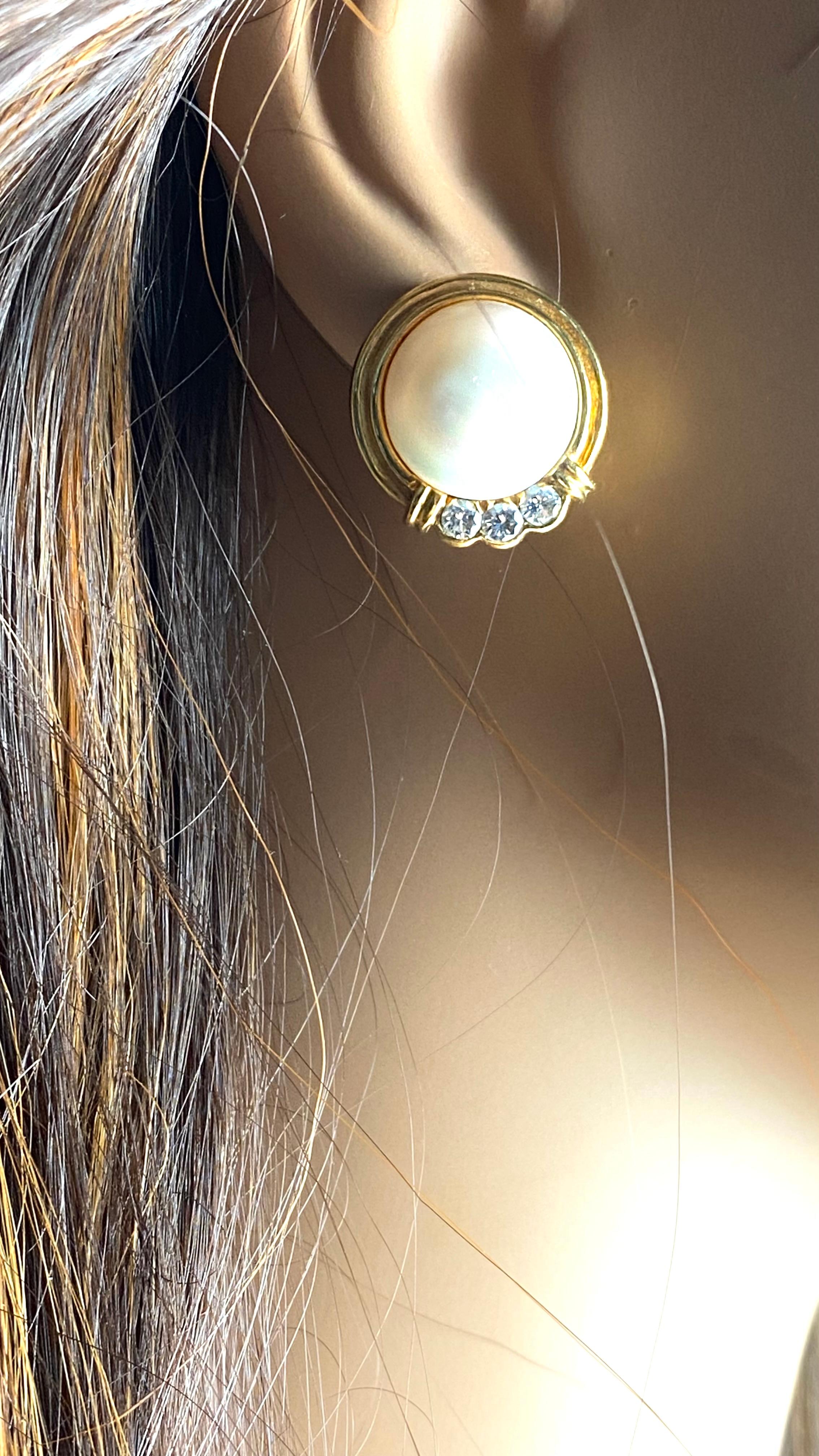 Contemporary Tiffany and Co. Vintage 18K Gold Pearl Ear Clips Diamond Accents 20th Century