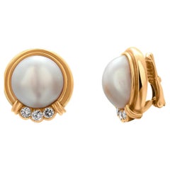 Tiffany and Co. Vintage 18K Gold Pearl Ear Clips Diamond Accents 20th Century