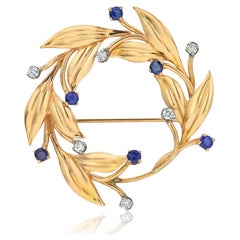 Tiffany and Co Vintage Yellow Gold Diamond and Sapphire Brooch