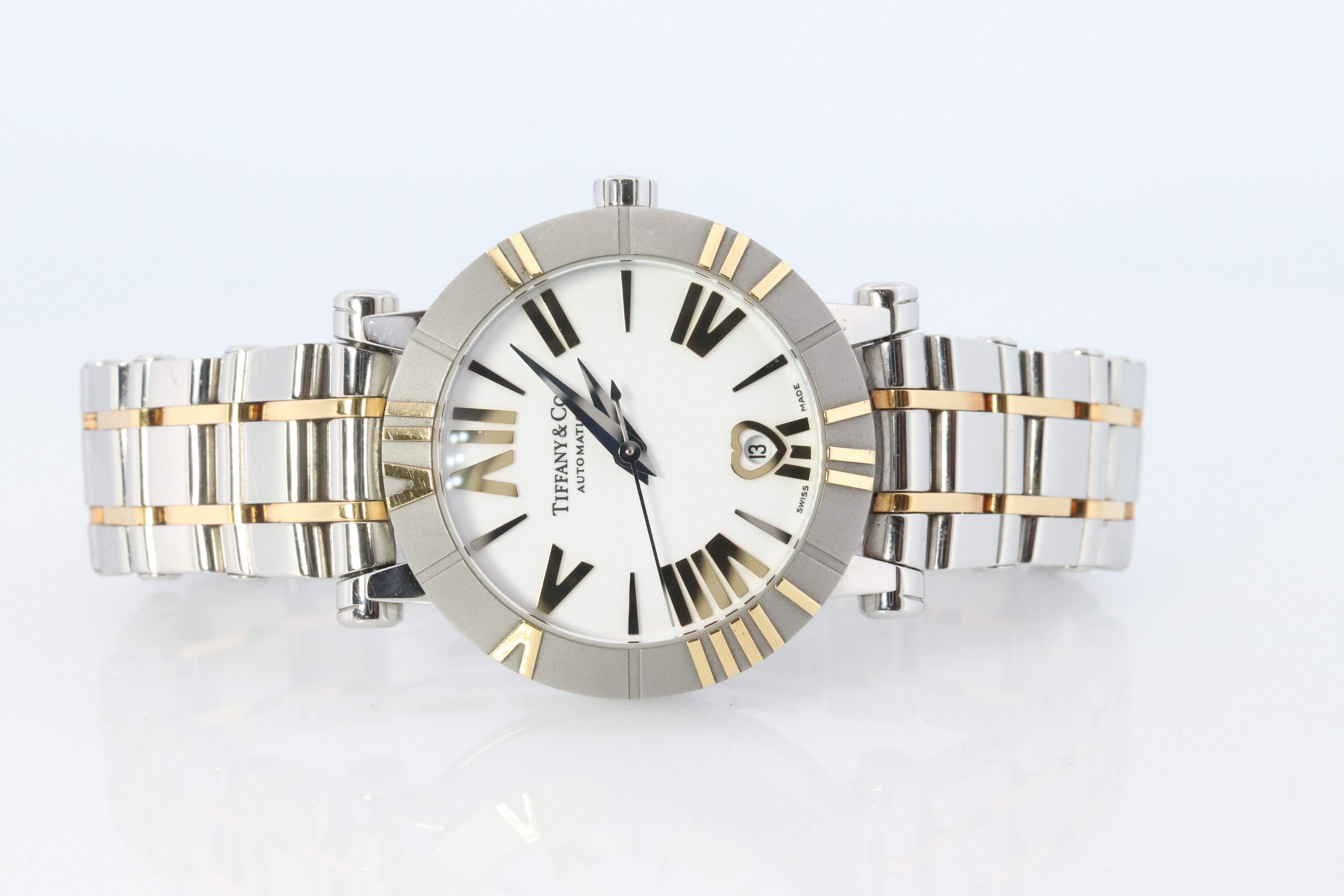 Tiffany and Co Watch. 18k SS and Ceramic Tiffany Atlas Automatic Ladies Watch. In Good Condition In Port Charlotte, FL