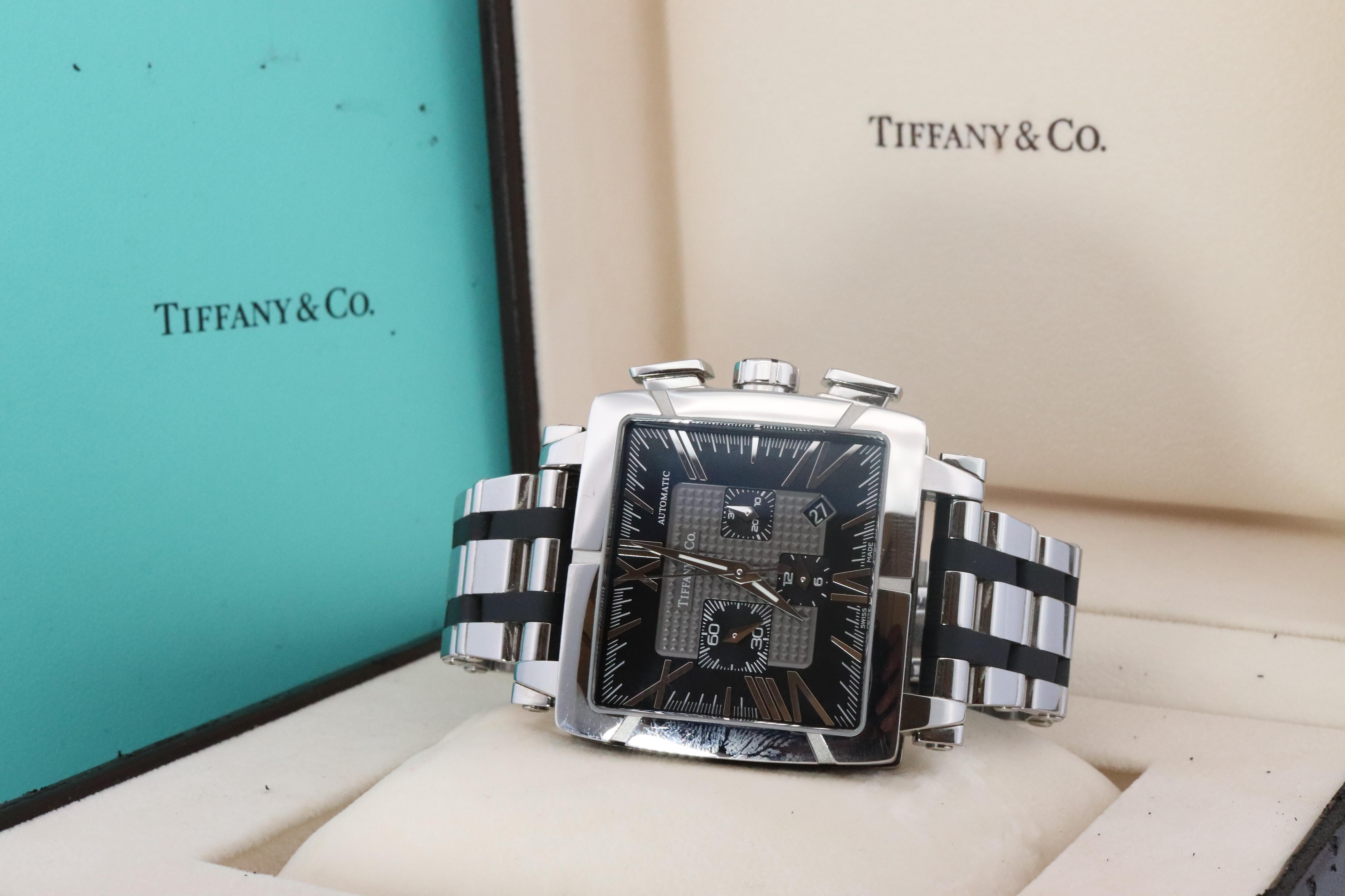 Tiffany and Co Atlas Watch
Automatic Movement

Open Back.

Ref. T0803

Stainless Steel with Black Rubber.
38mm by 40mm case

Stunning Movement.

Condition: Excellent Condition. Original Tiffany Paperwork, Box and Full Package.

Extra Links included.