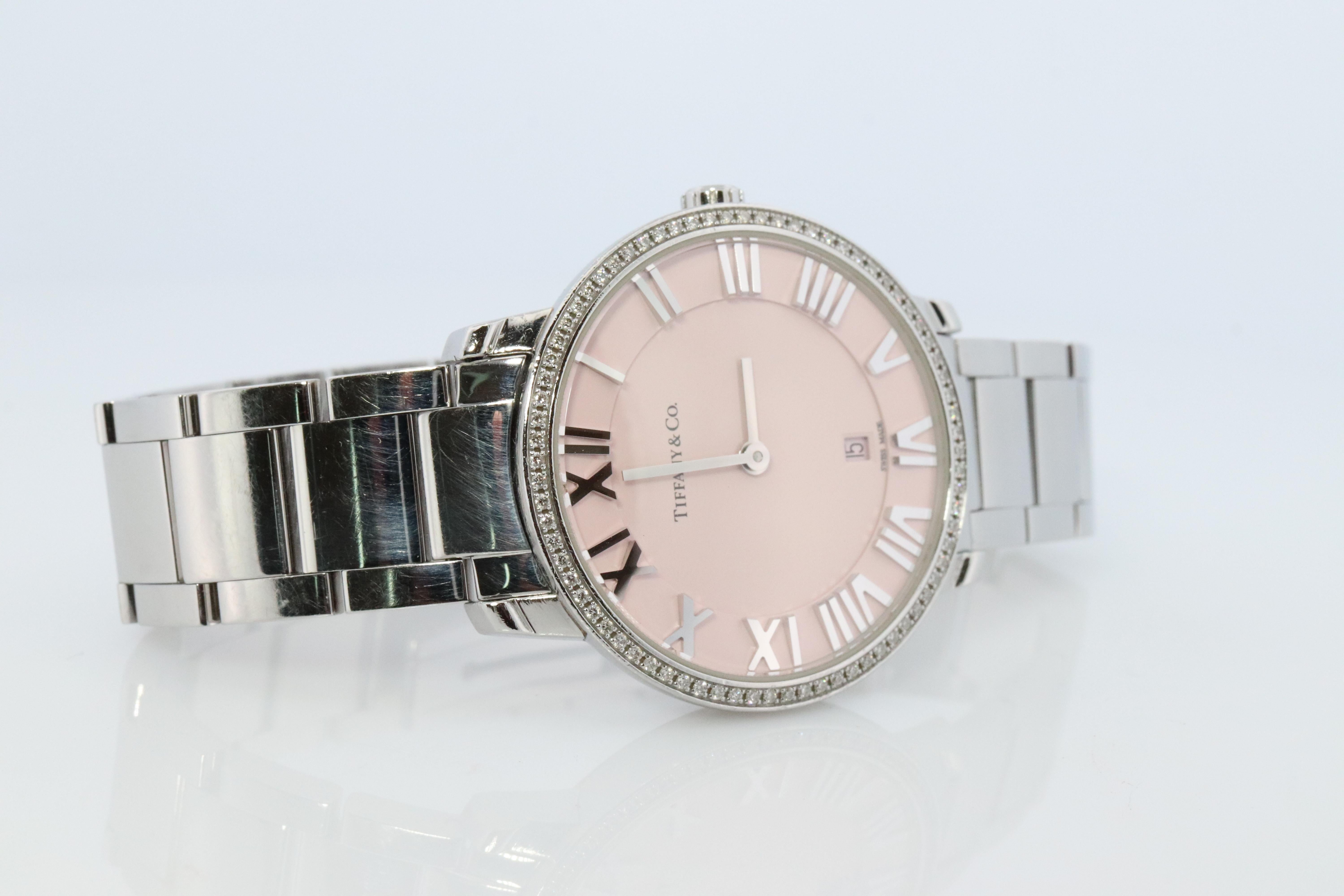 Modern Tiffany and Co Watch. Tiffany Atlas Diamond Bezel 31mm PINK Dial Ladies Watch. For Sale