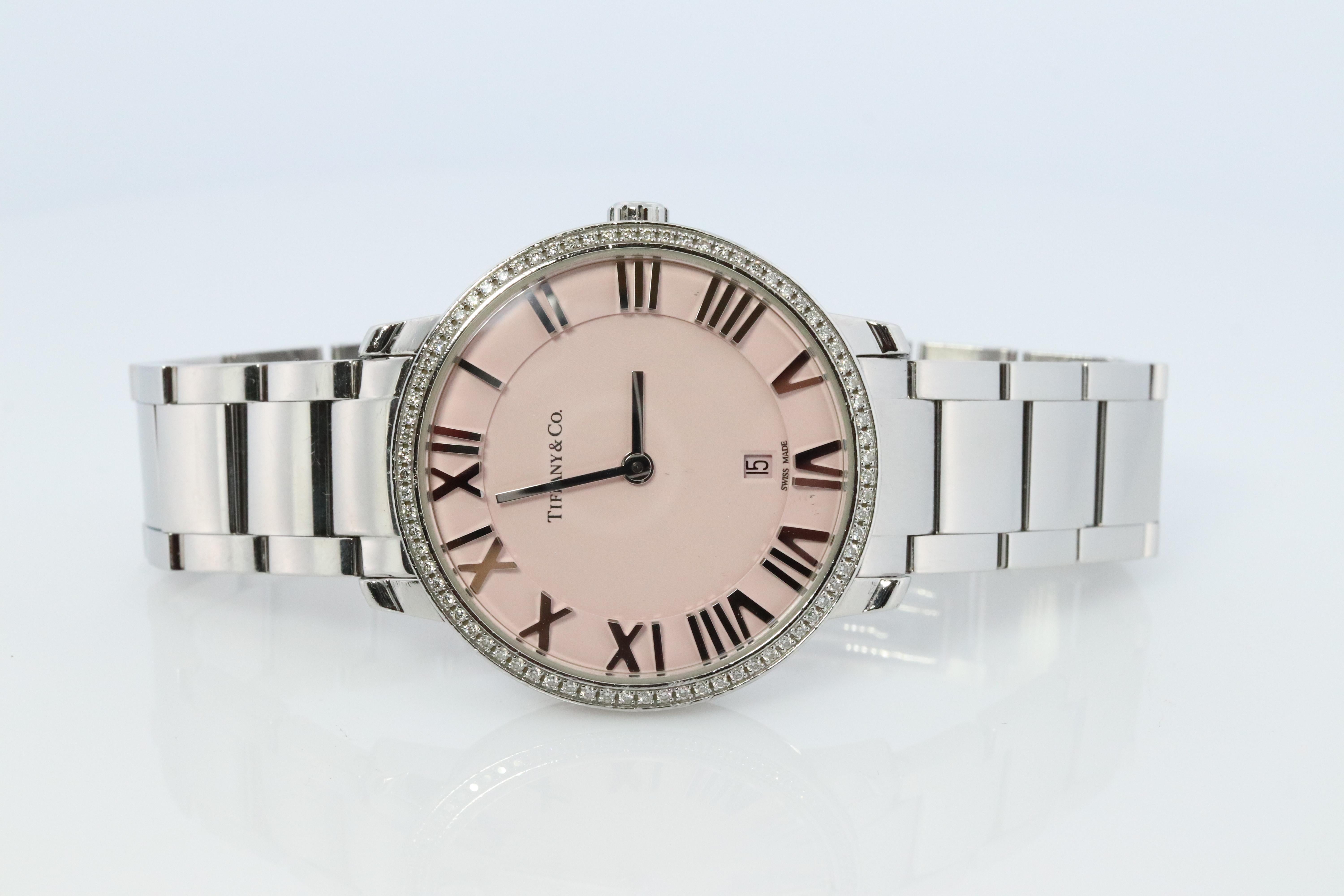 Round Cut Tiffany and Co Watch. Tiffany Atlas Diamond Bezel 31mm PINK Dial Ladies Watch. For Sale