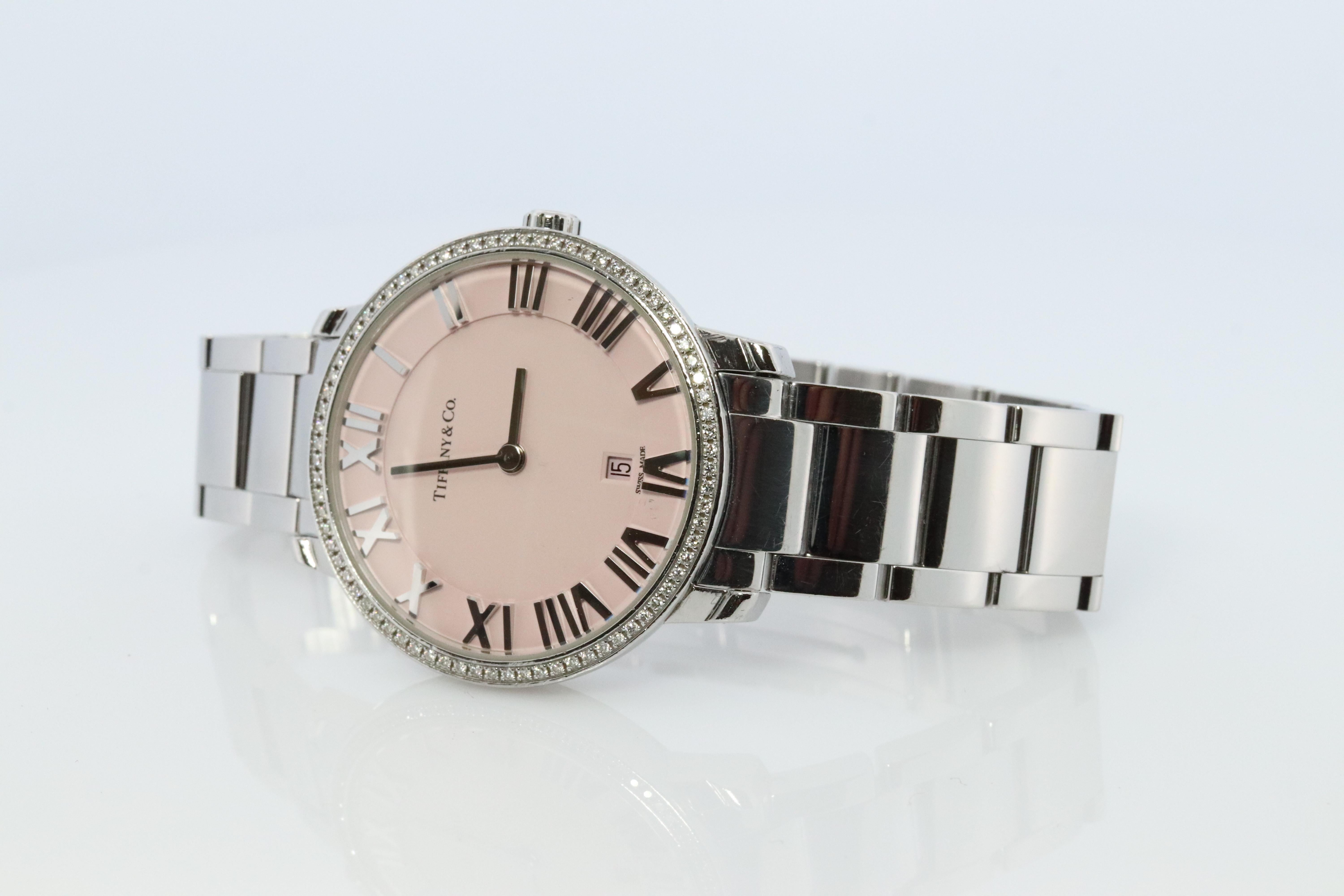 Tiffany and Co Watch. Tiffany Atlas Diamond Bezel 31mm PINK Dial Ladies Watch. In Good Condition For Sale In Port Charlotte, FL