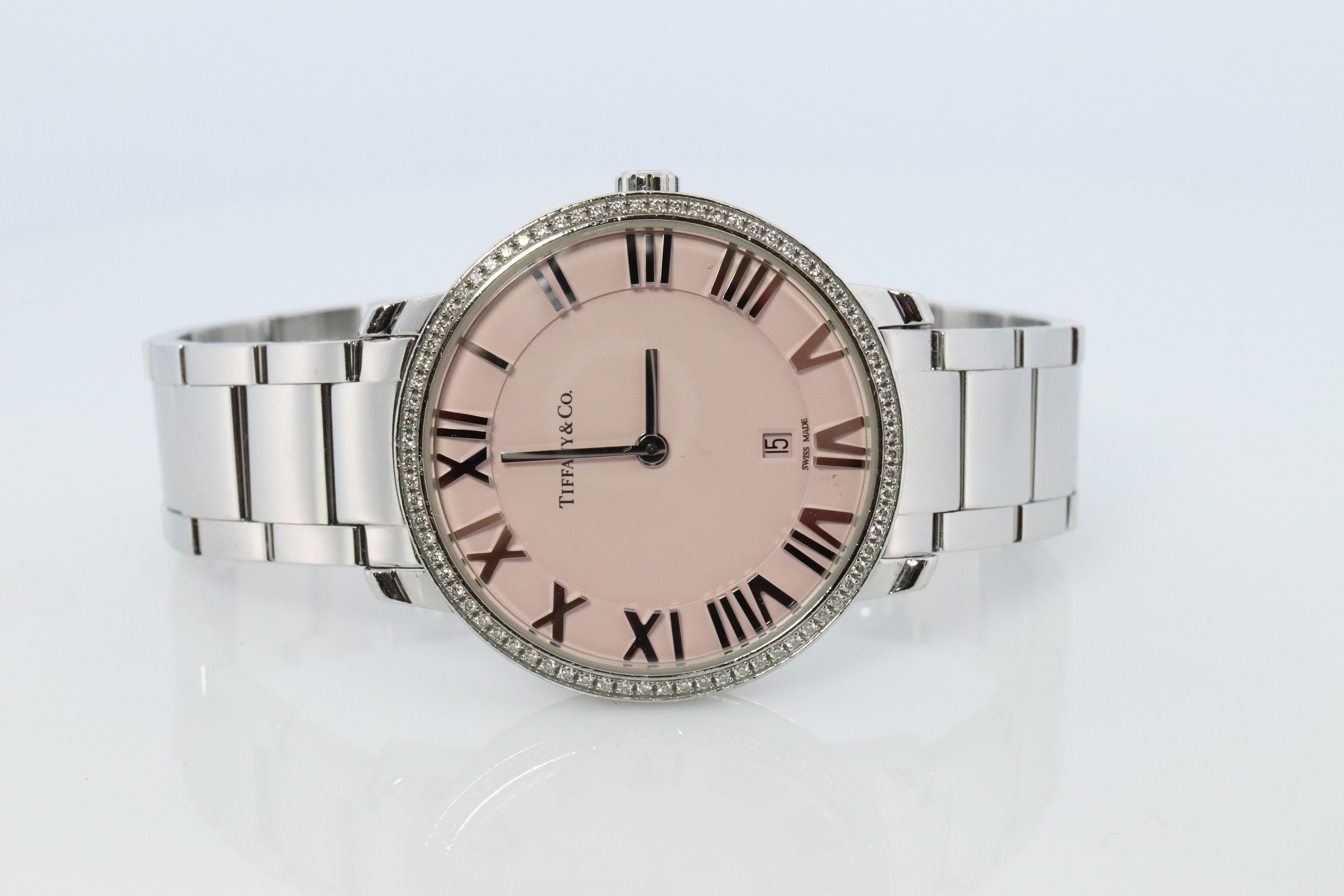 Tiffany and Co Watch. Tiffany Atlas Diamond Bezel 31mm PINK Dial Ladies Watch. For Sale 1