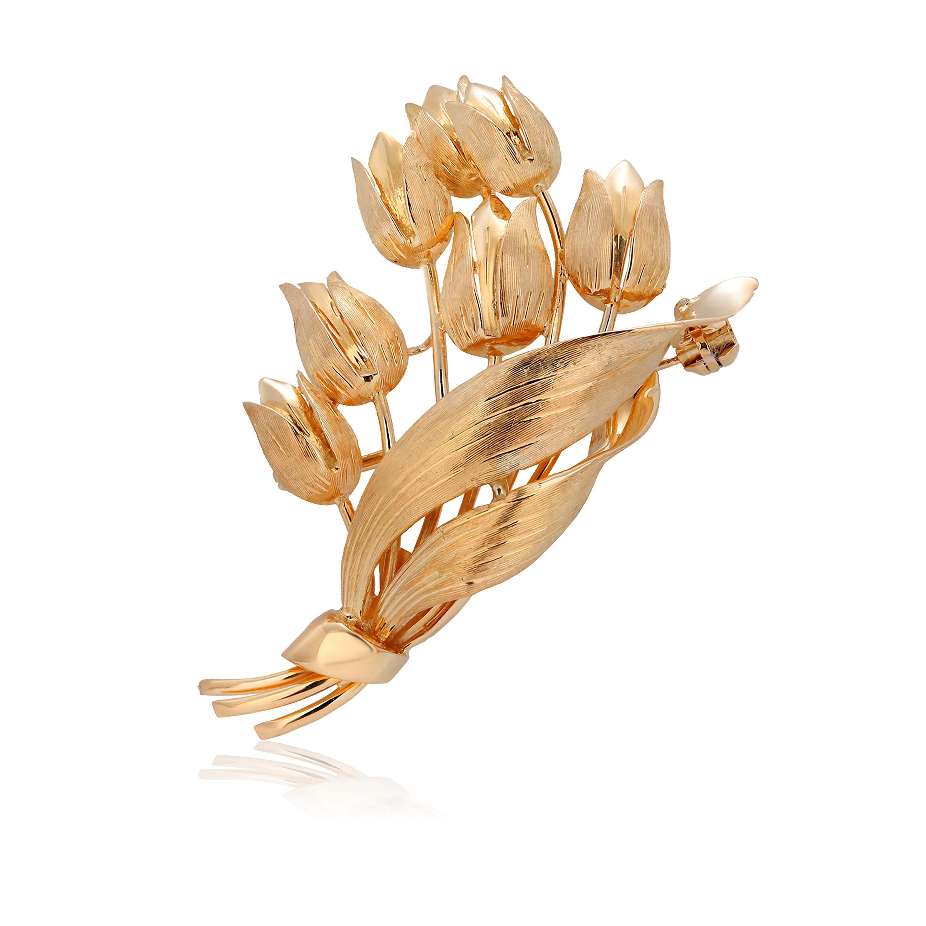 Retro Tiffany Co Vintage 18 Karat Yellow Gold Tulip 1.9 Inch Brooch Signed Italy For Sale