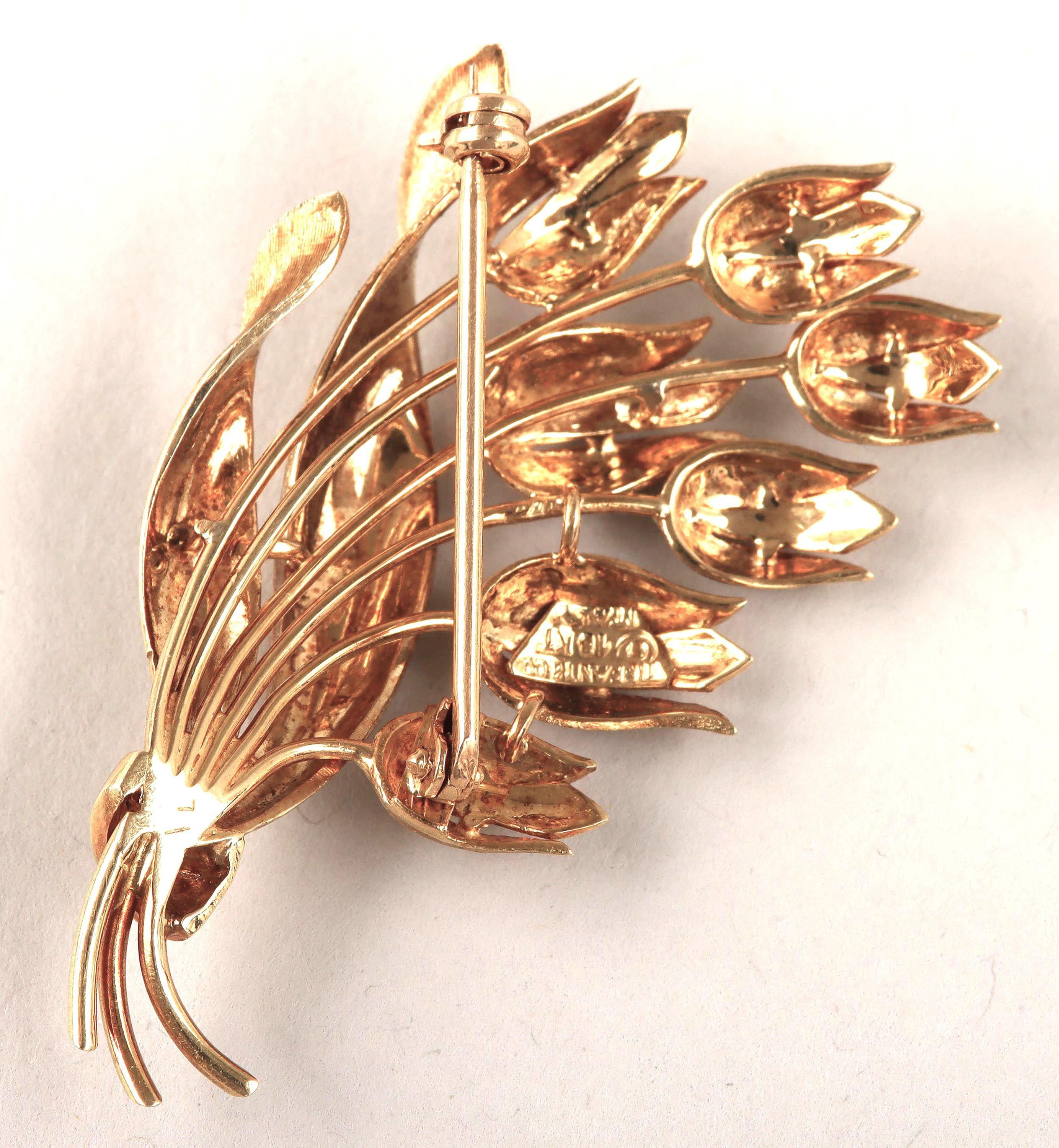 Tiffany Co Vintage 18 Karat Yellow Gold Tulip 1.9 Inch Brooch Signed Italy For Sale 1