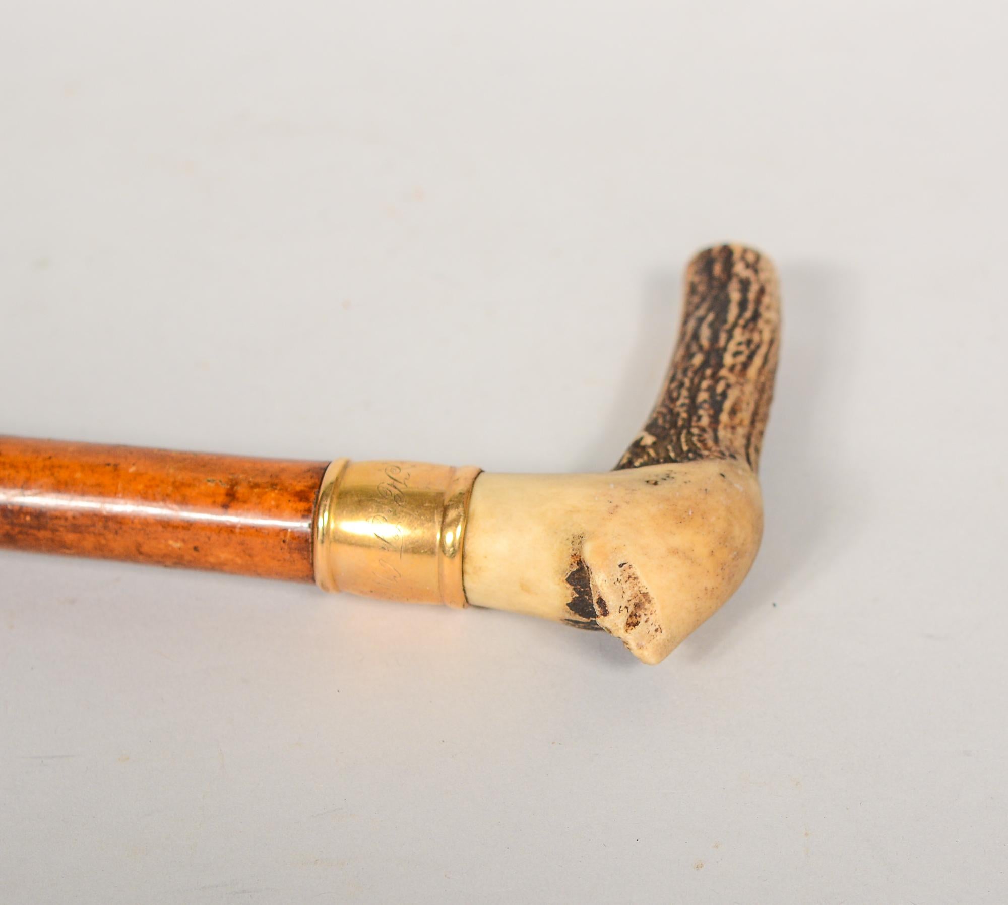 Tiffany and Company 18kt Gold and Antler Walking Stick or Cane In Good Condition For Sale In San Mateo, CA