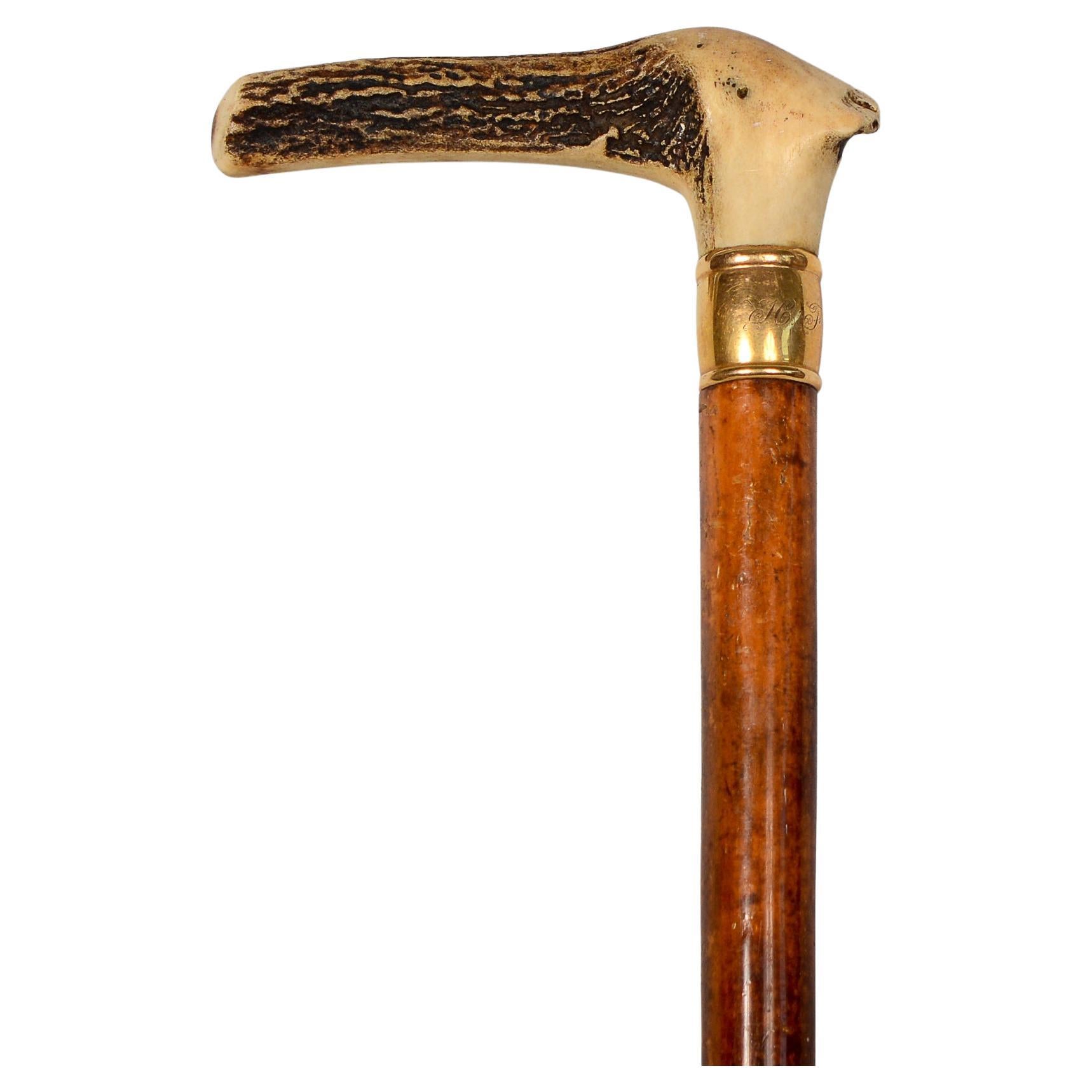 Tiffany and Company 18kt Gold and Antler Walking Stick or Cane For Sale