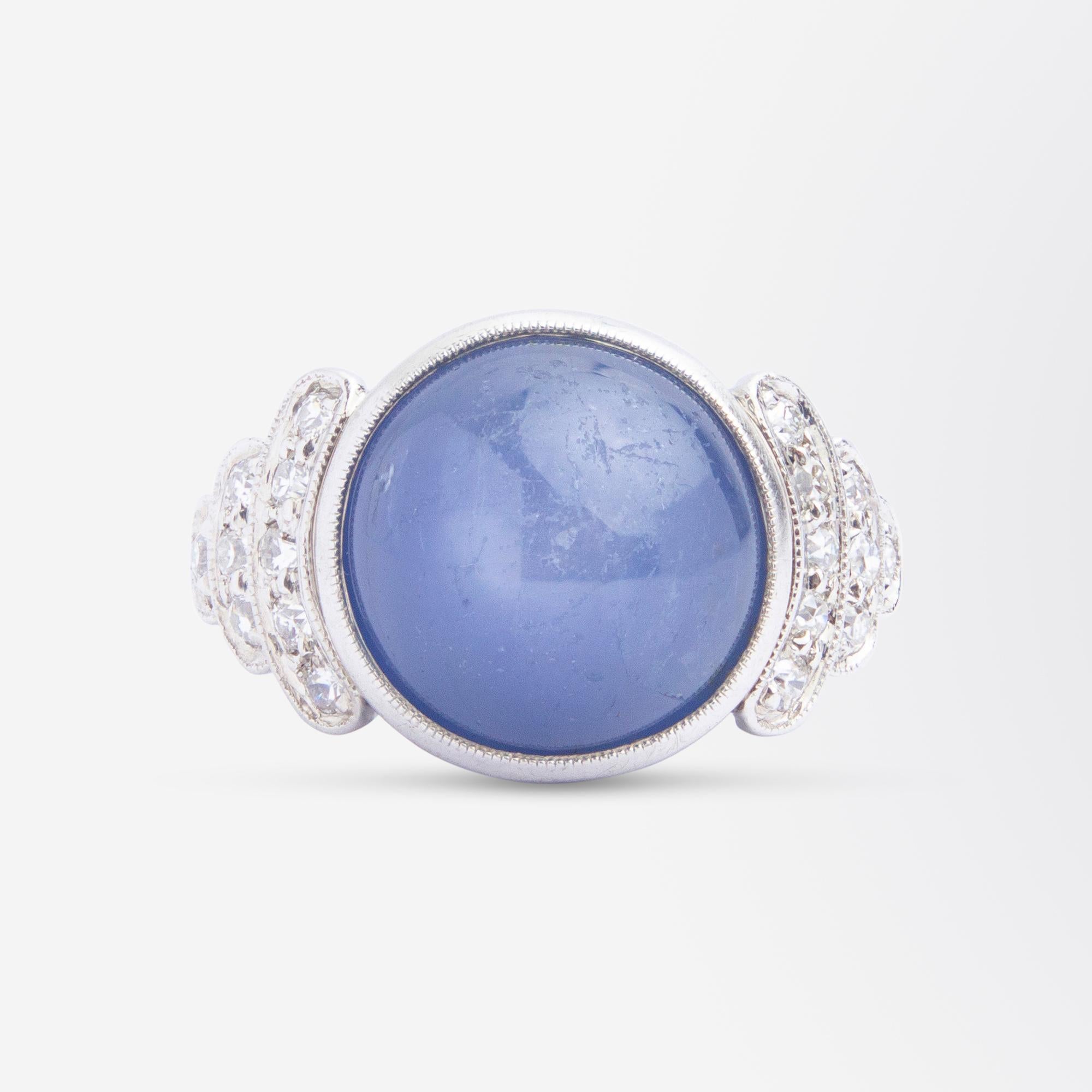 Cabochon Tiffany and Company Art Deco Platinum Set Star Sapphire and Diamond Ring