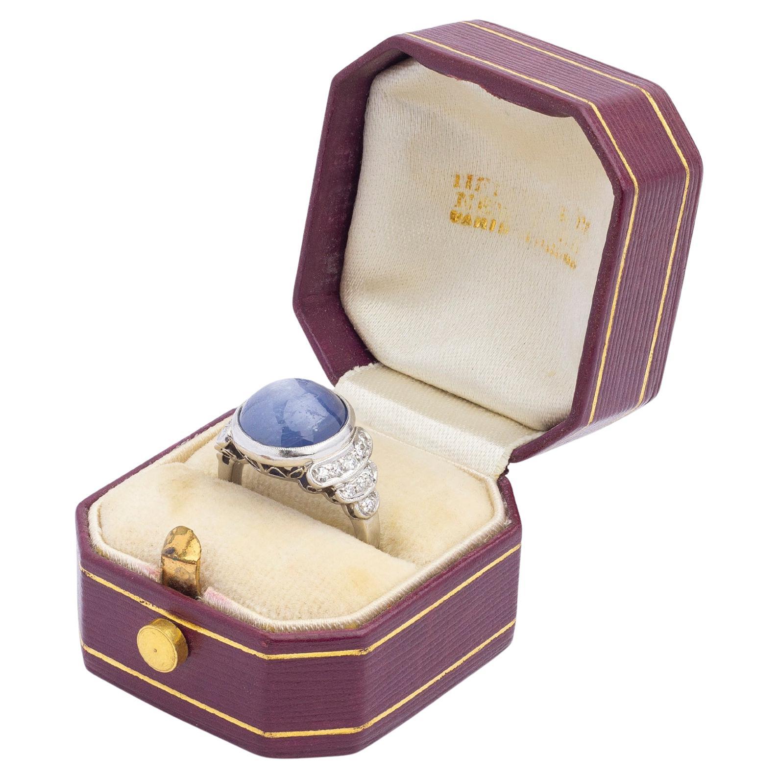 Tiffany and Company Art Deco Platinum Set Star Sapphire and Diamond Ring For Sale