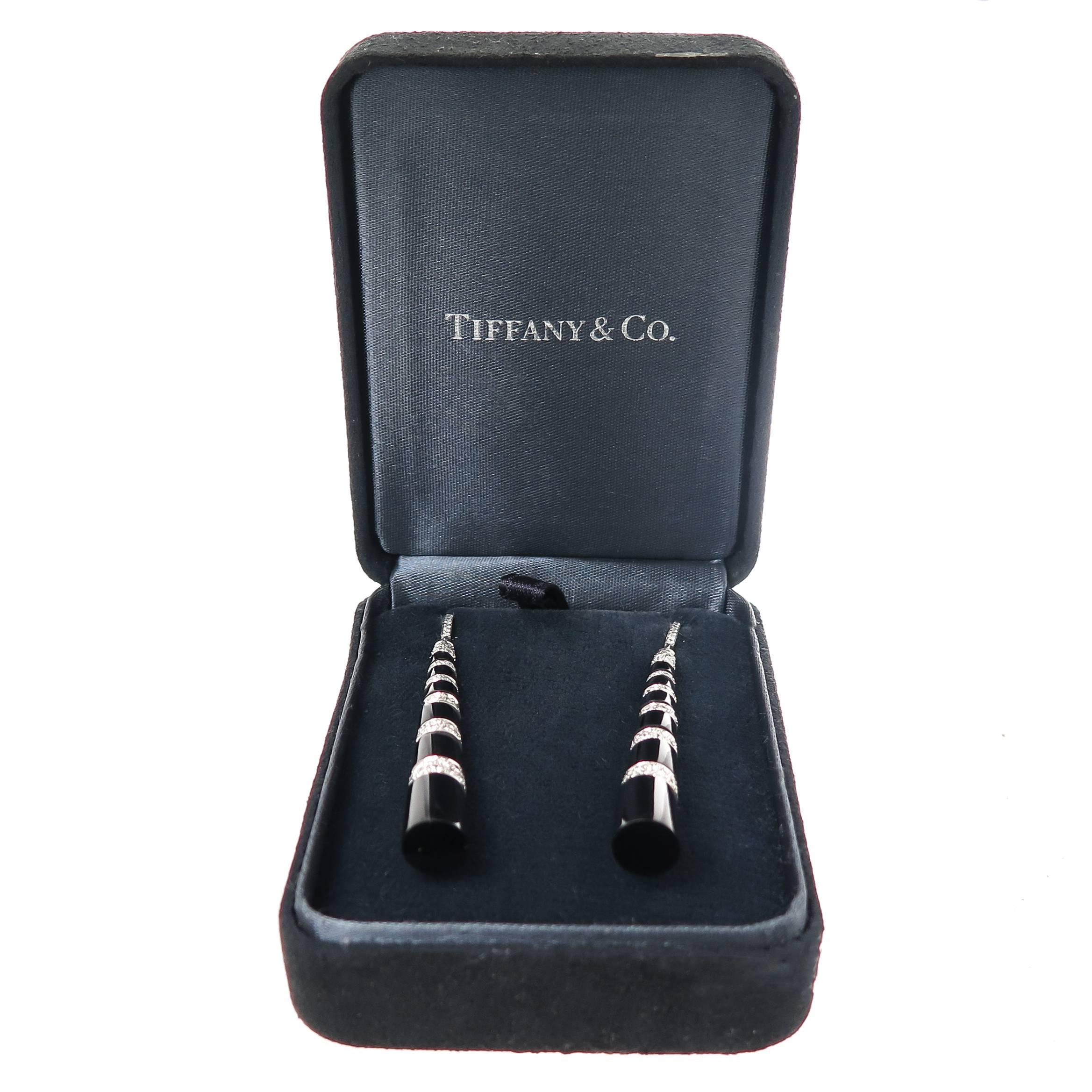 Tiffany & Co. Platinum Diamond Black Jade Long Dangle Earrings In Excellent Condition In Chicago, IL