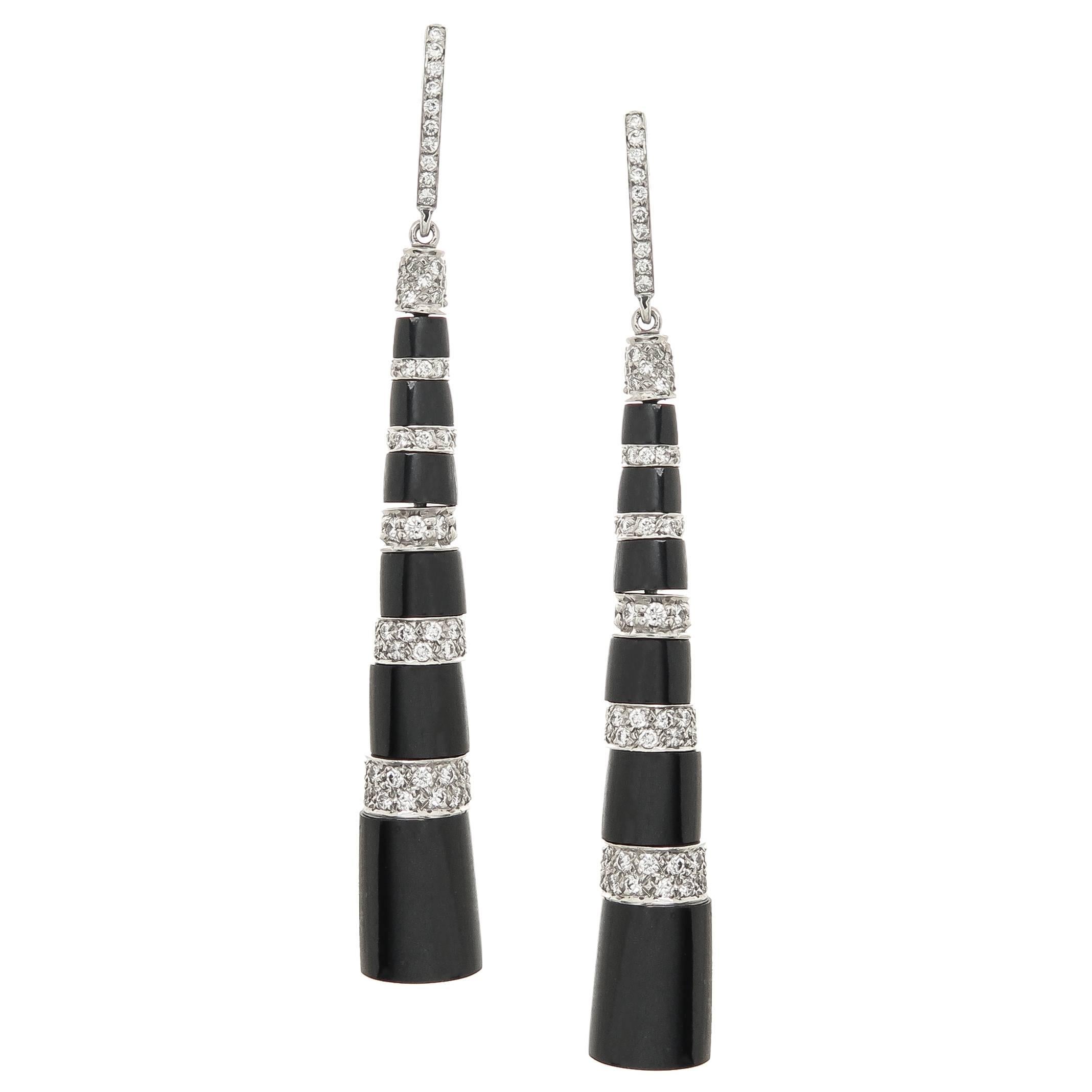 Tiffany & Co. Platinum Diamond Black Jade Long Dangle Earrings