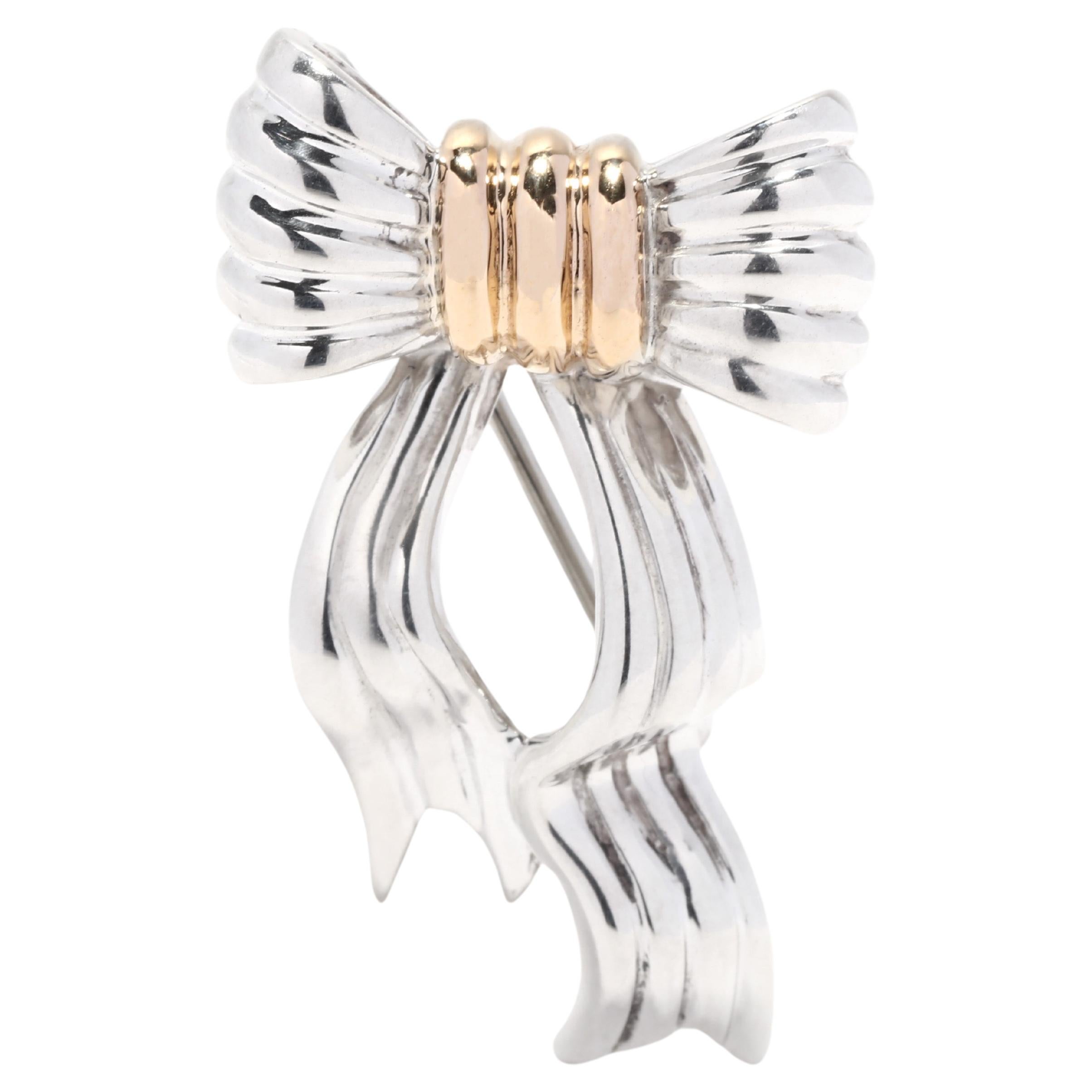 Tiffany and Company Small Bow Brooch, 18K Yellow Gold Sterling Silver