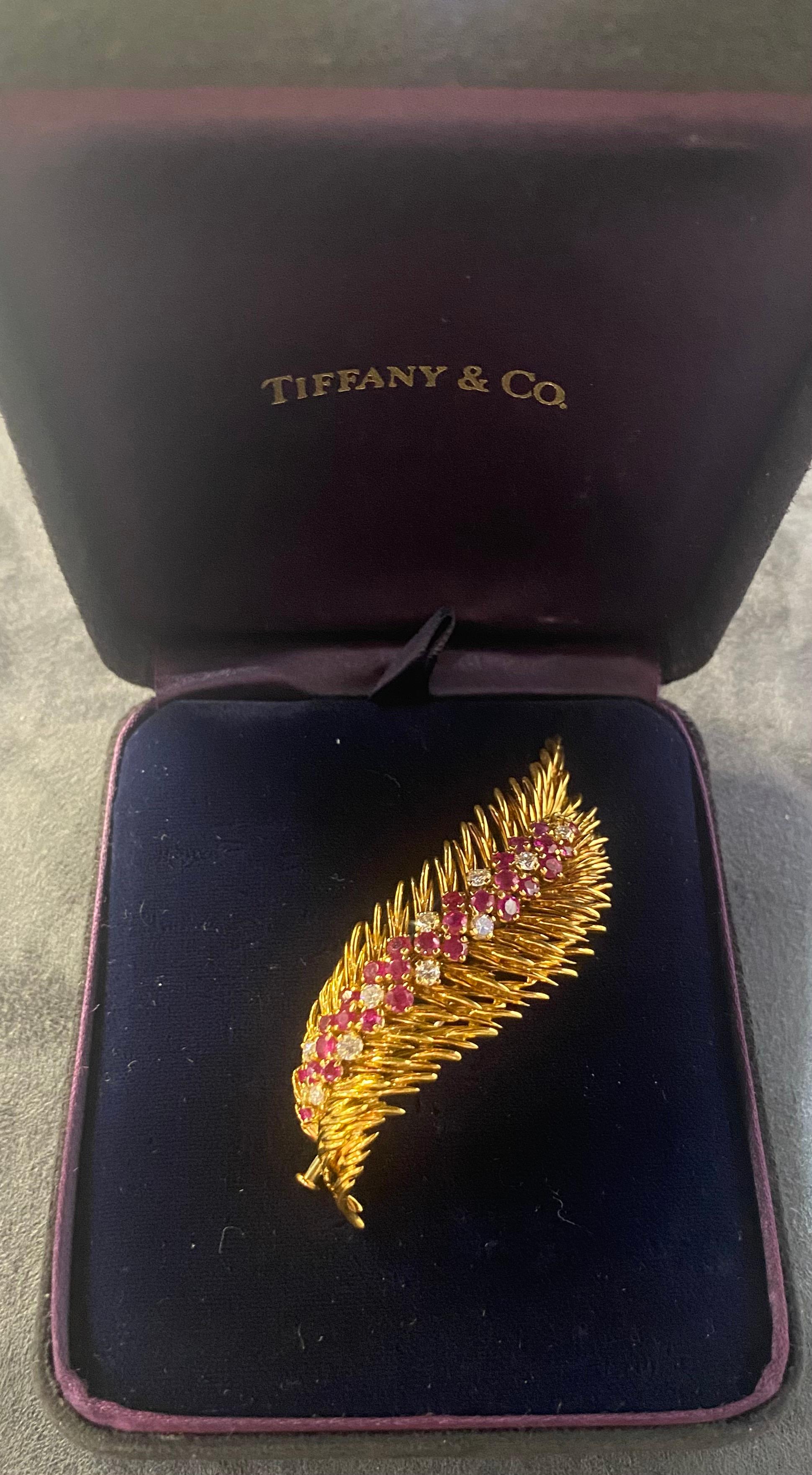 Contemporary Tiffany and Co's 1970s 18 Carat Gold, Diamond and Ruby Feather Brooch with Box For Sale