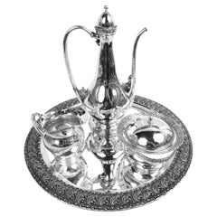 Juego de café turco Tiffany Art Nouveau de plata de ley de 3 piezas en bandeja