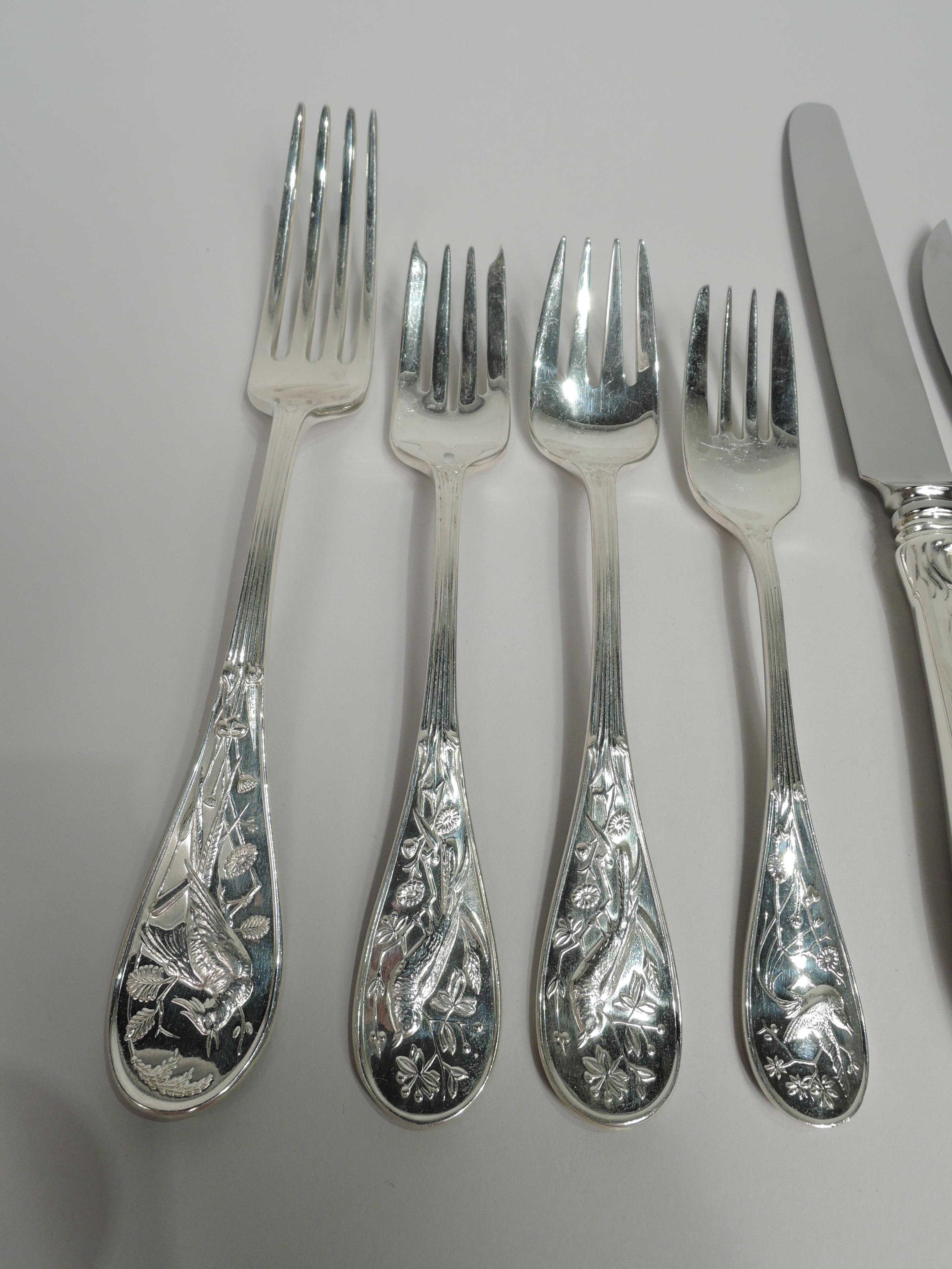 Audubon sterling silver dinner set for 6. Made by Tiffany & Co. in New York.

This set comprises 68 pieces (dimensions in inches): Forks: 6 dinner forks (8 1/8), 6 fish forks (6 3/4), 6 salad forks (6 3/4), and 5 dessert forks (6 3/8); Spoons: 6