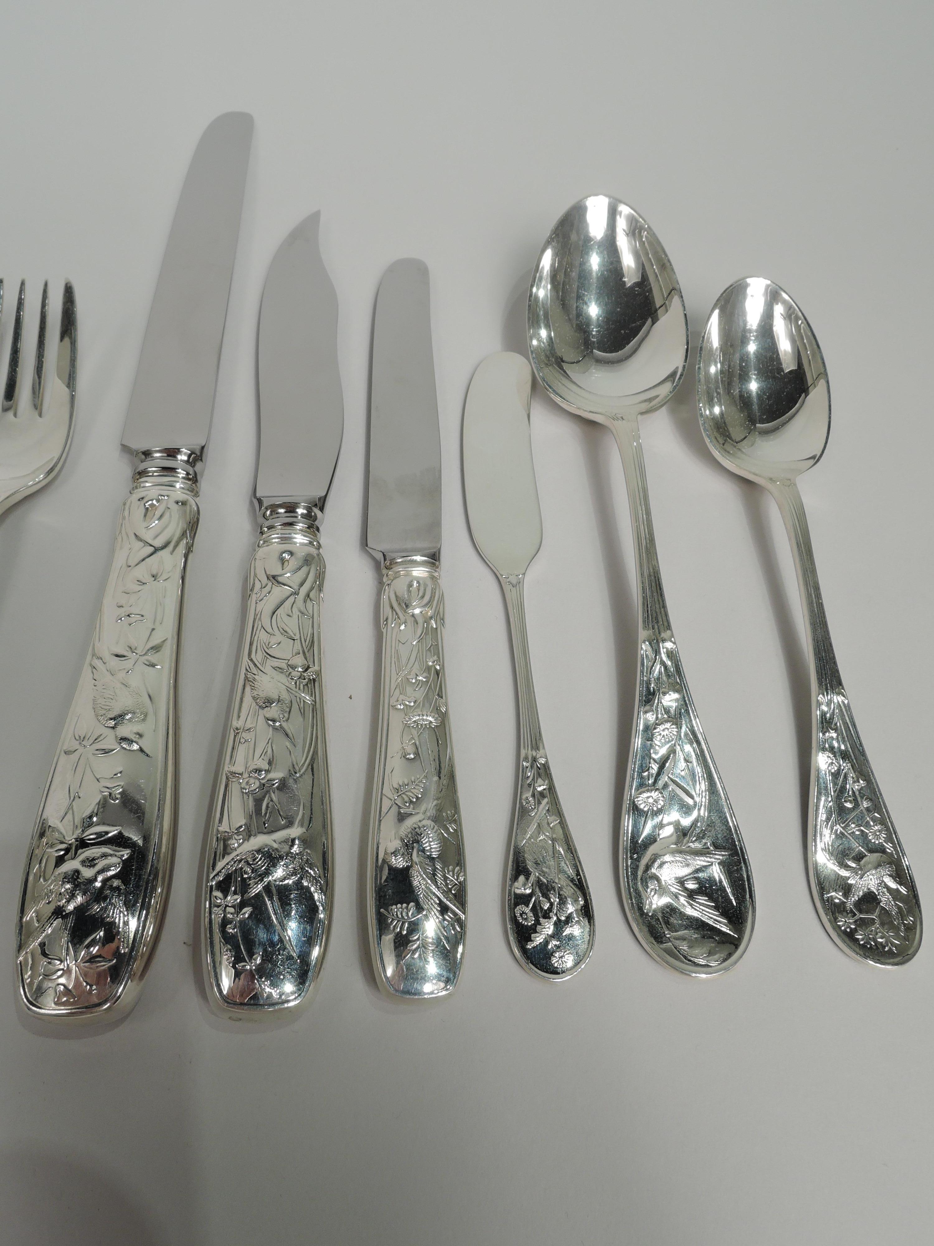 Aesthetic Movement Tiffany Audubon Sterling Silver Dinner Set for 6 with 68 Pieces
