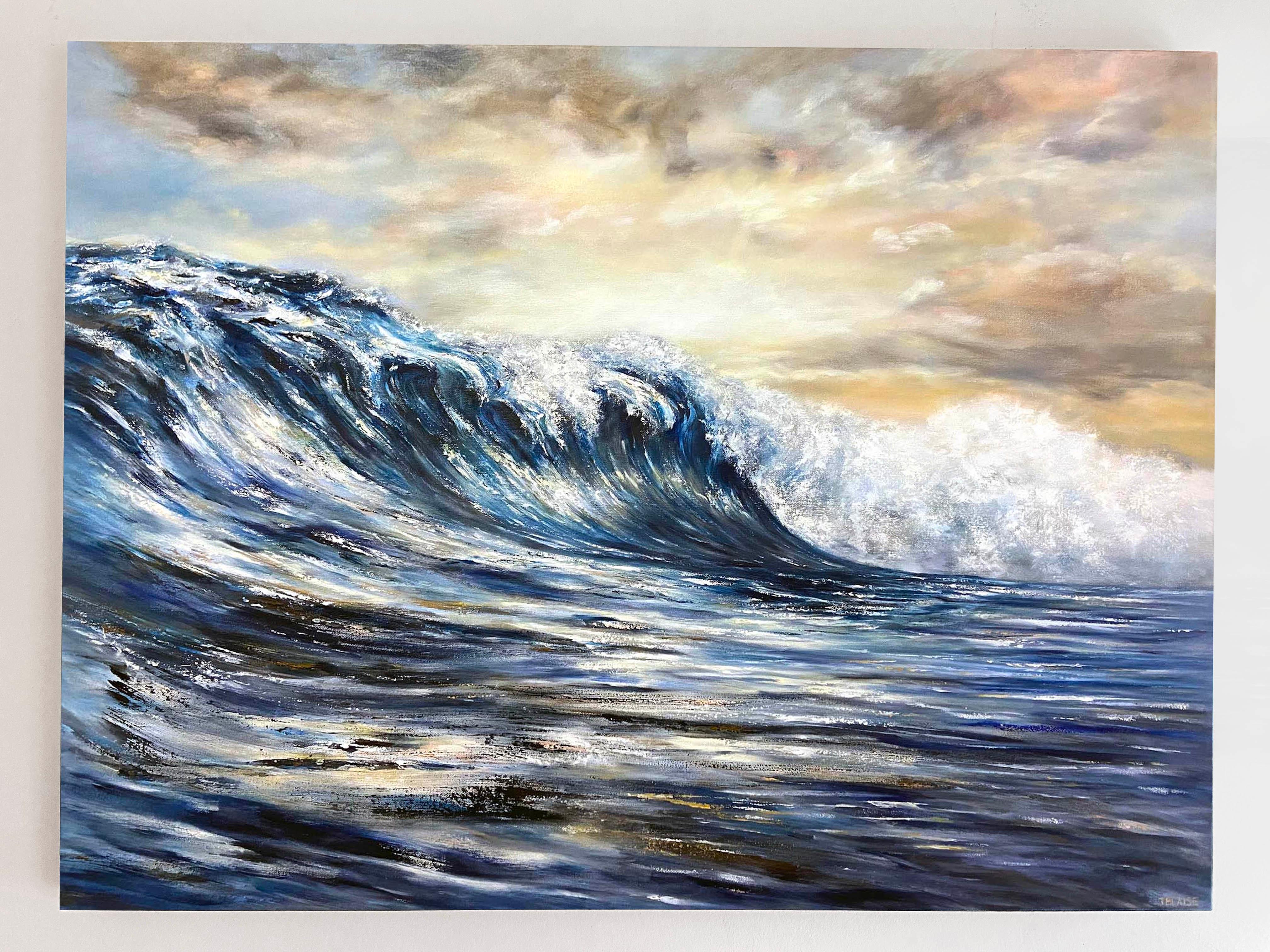 <p>Artist Comments<br />This painting depicts crashing waves shimmering on the ocean's surface with the use of palette knives and brushes. Soft clouds, ablaze with warm hues, reflect upon the water, creating an enchanting scene. Through the