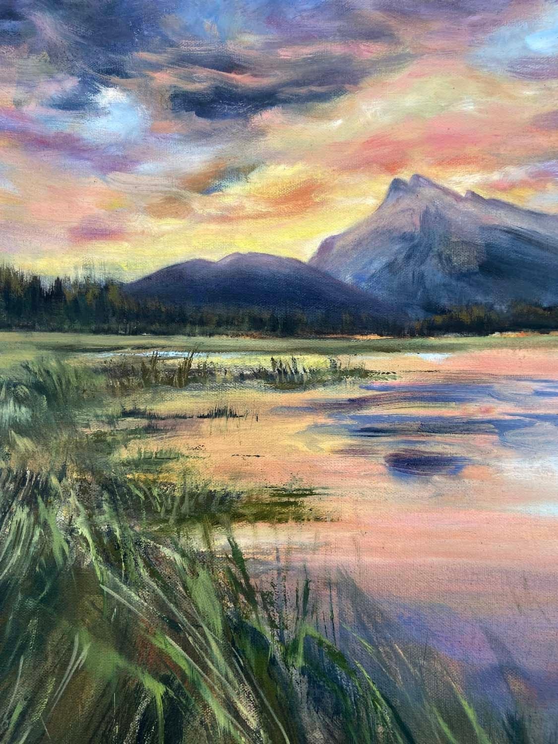 <p>Artist Comments<br>Artist Tiffany Blaise paints an impressionist view of the Rocky Mountains from a distance. She captures a vibrant sunset shining over mountain peaks. The composition projects ethereal movement and radiant color from the