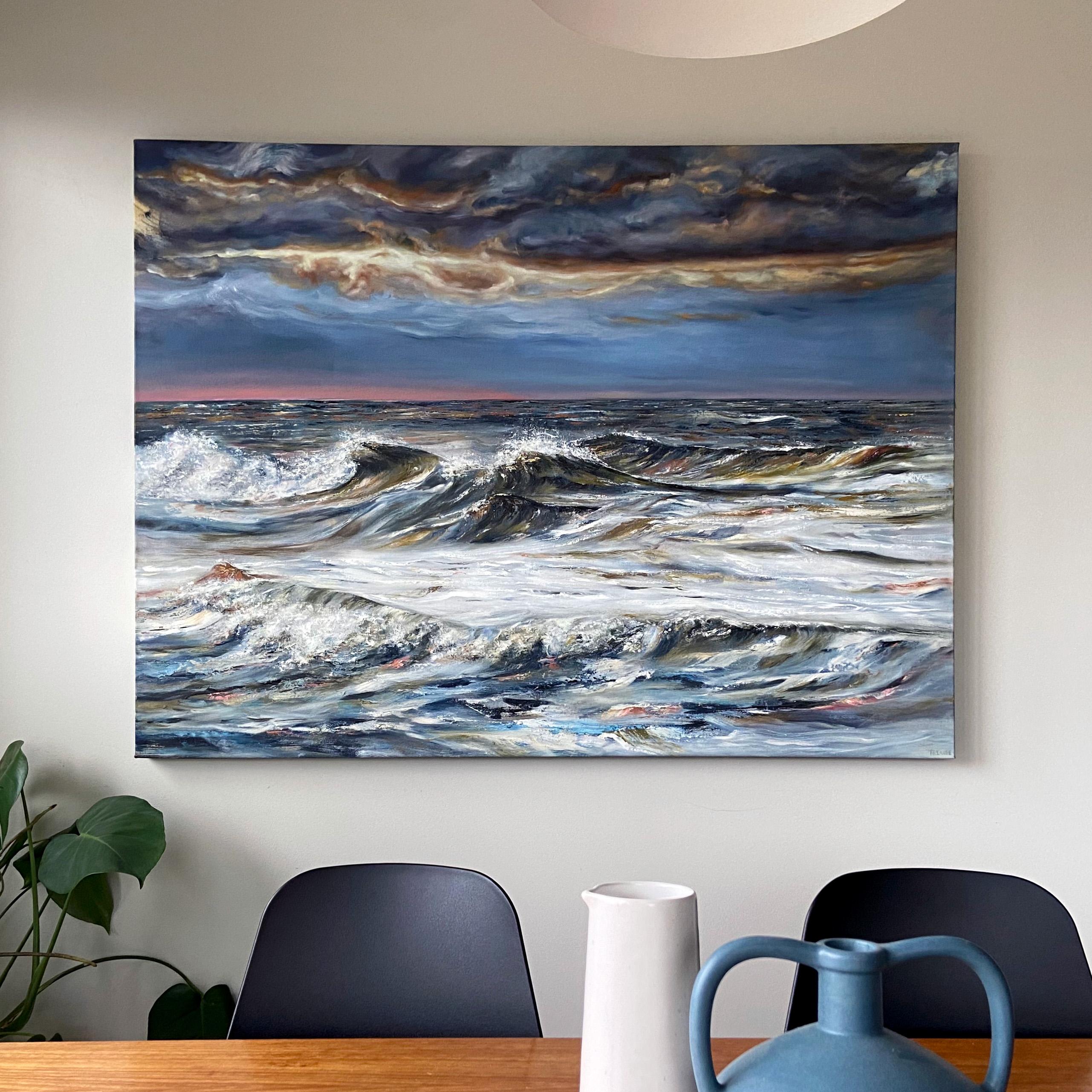 <p>Artist Comments<br>This mixed-media painting captures a stormy seascape with energetic waves and a dramatic sky. The blend of oil paint, ink, and cold wax creates a textured surface, adding depth to the composition. The combination of various